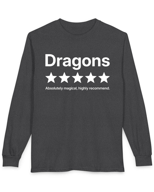5-Star Dragons shirt in dark heather with a playful review design declaring dragons absolutely magical and highly recommended