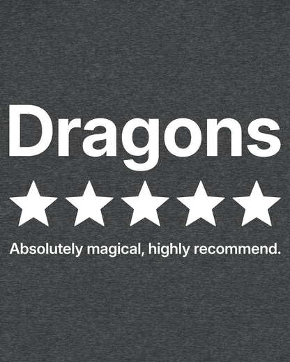 5-Star Dragons shirt in dark heather with a playful review design declaring dragons absolutely magical and highly recommended