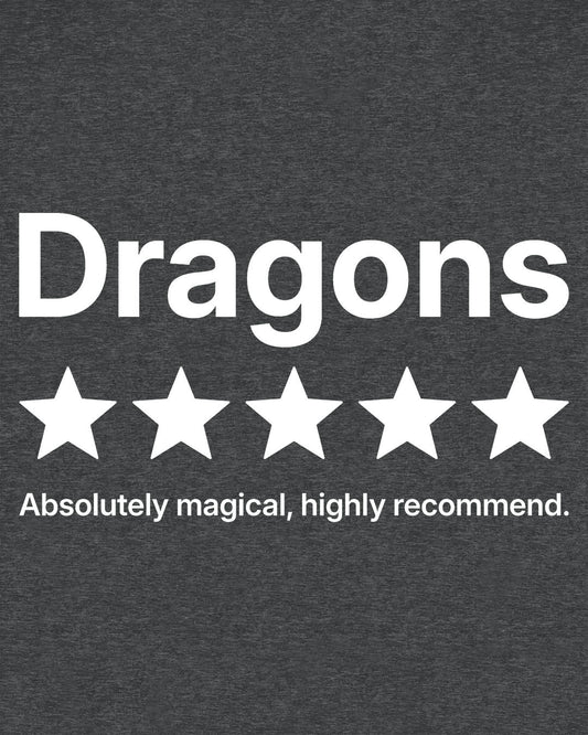 5-Star Dragons shirt in dark heather with a playful review design declaring dragons absolutely magical and highly recommended