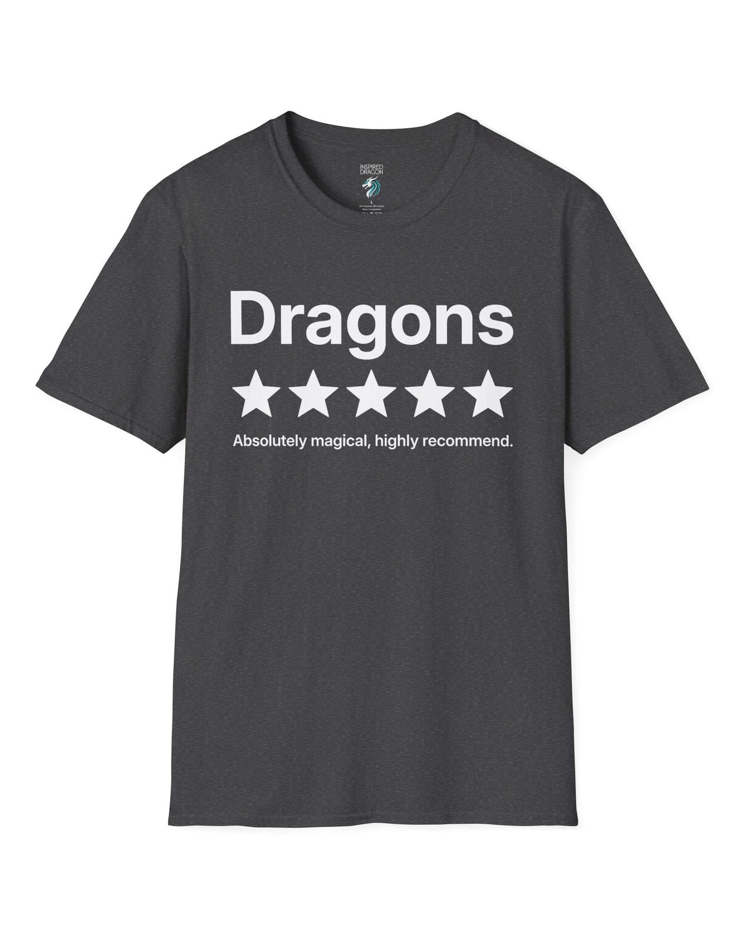 5-Star Dragons shirt in dark heather with a playful review design declaring dragons absolutely magical and highly recommended
