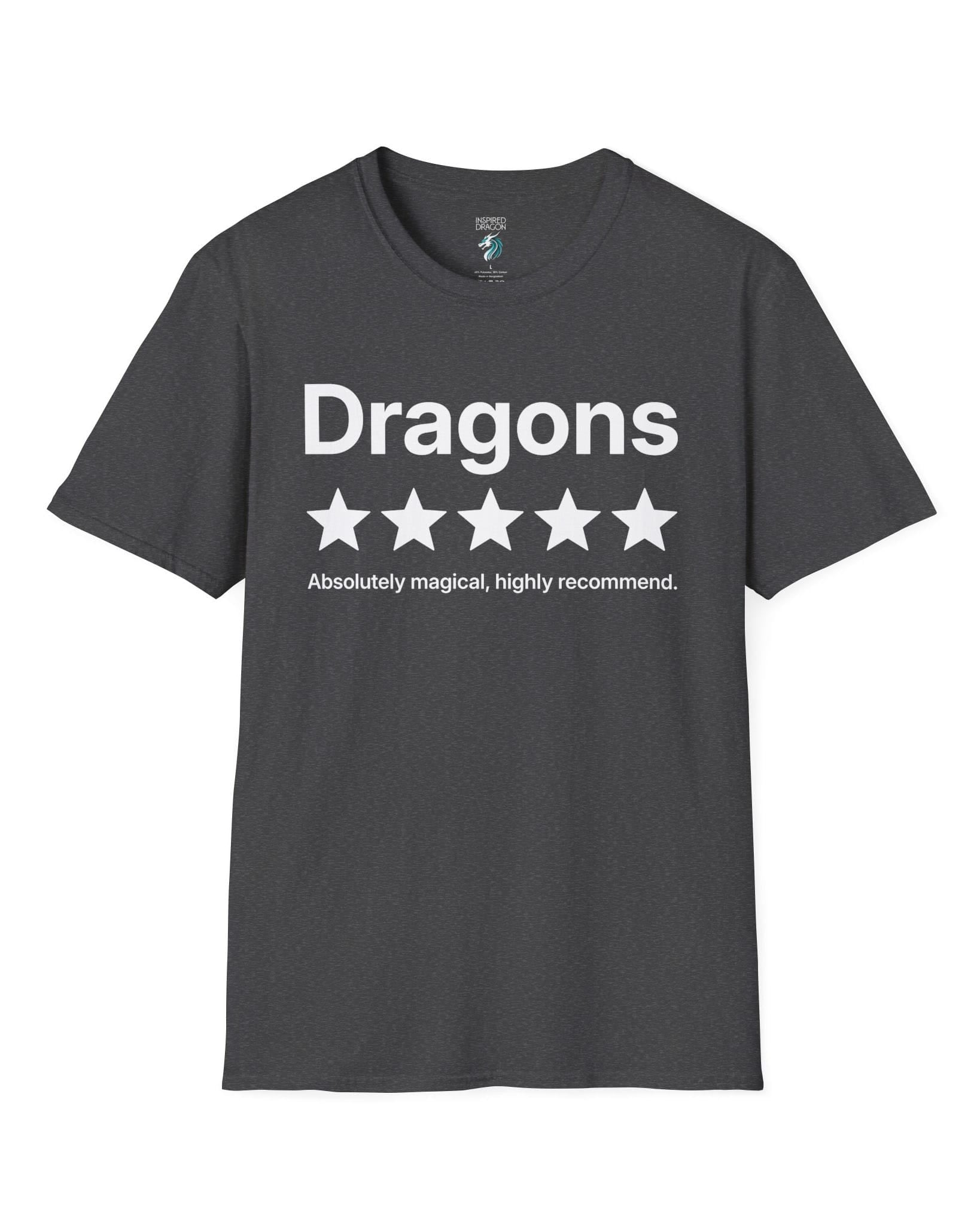 5-Star Dragons shirt in dark heather with a playful review design declaring dragons absolutely magical and highly recommended