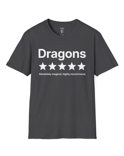 5-Star Dragons shirt in dark heather with a playful review design declaring dragons absolutely magical and highly recommended