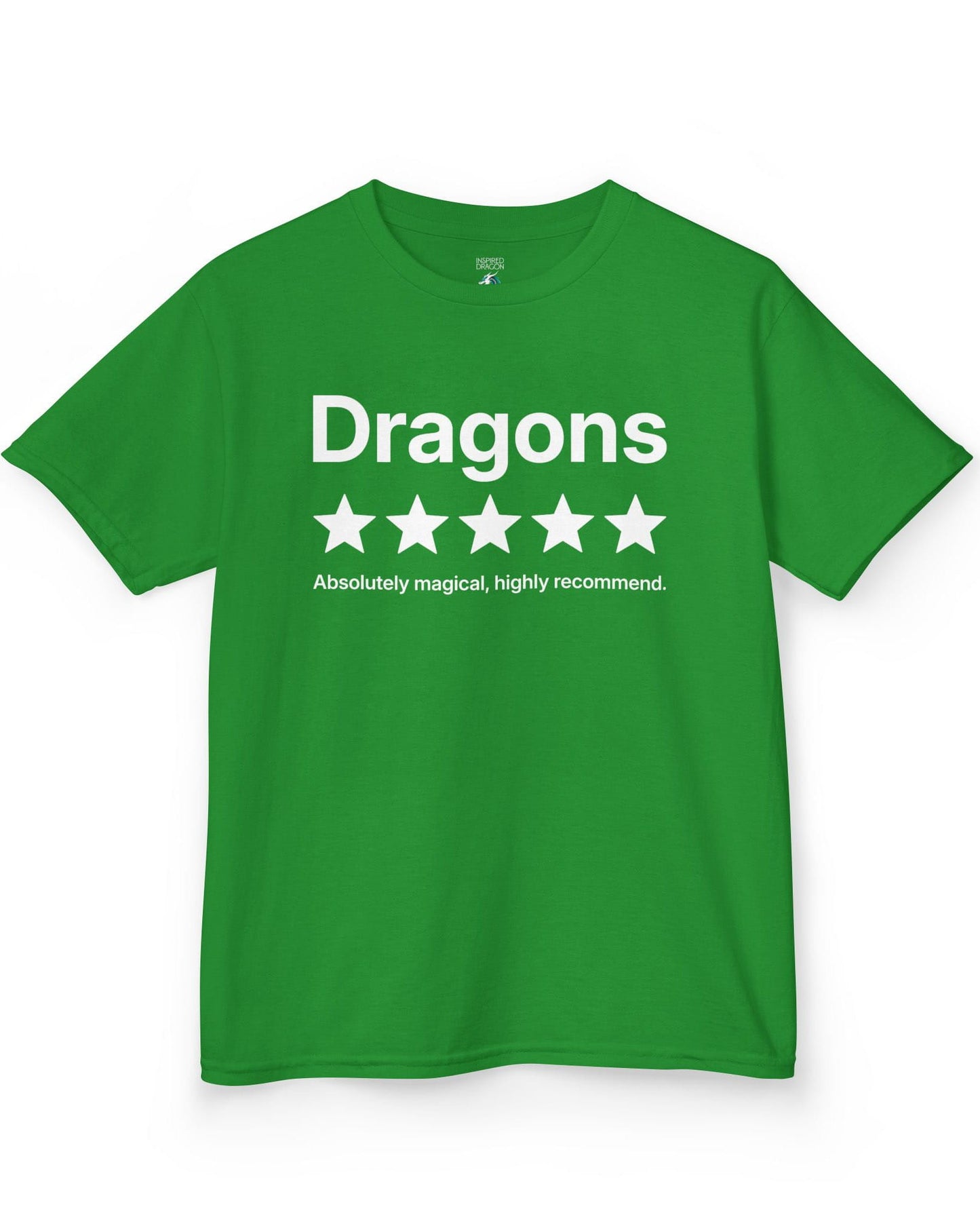 5-Star Dragons shirt in Irish green with a playful review design declaring dragons absolutely magical and highly recommended