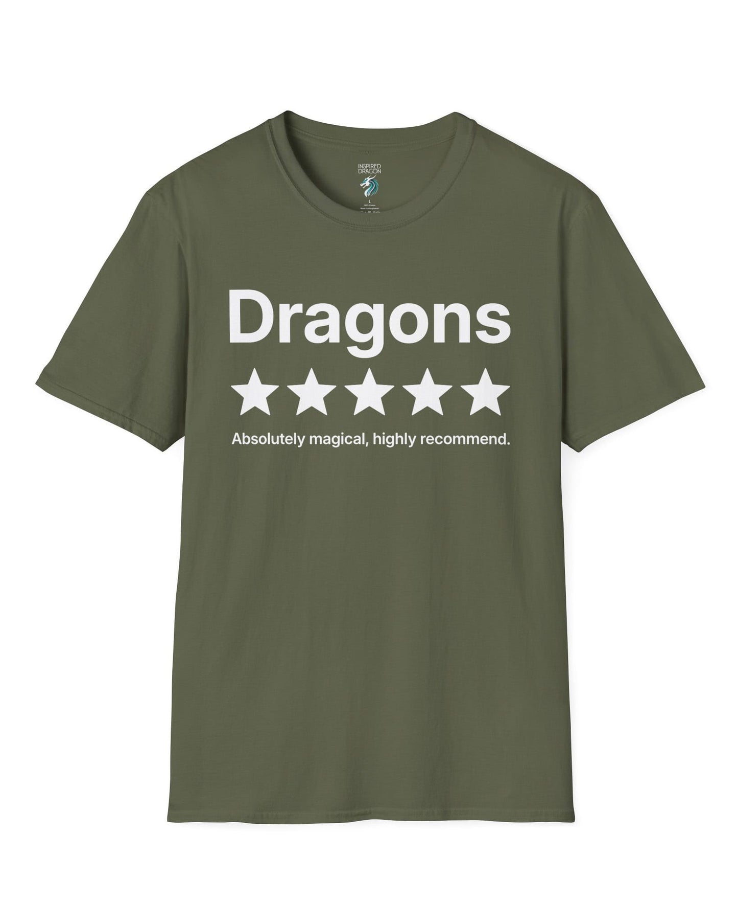5-Star Dragons shirt in military green with a playful review design declaring dragons absolutely magical and highly recommended