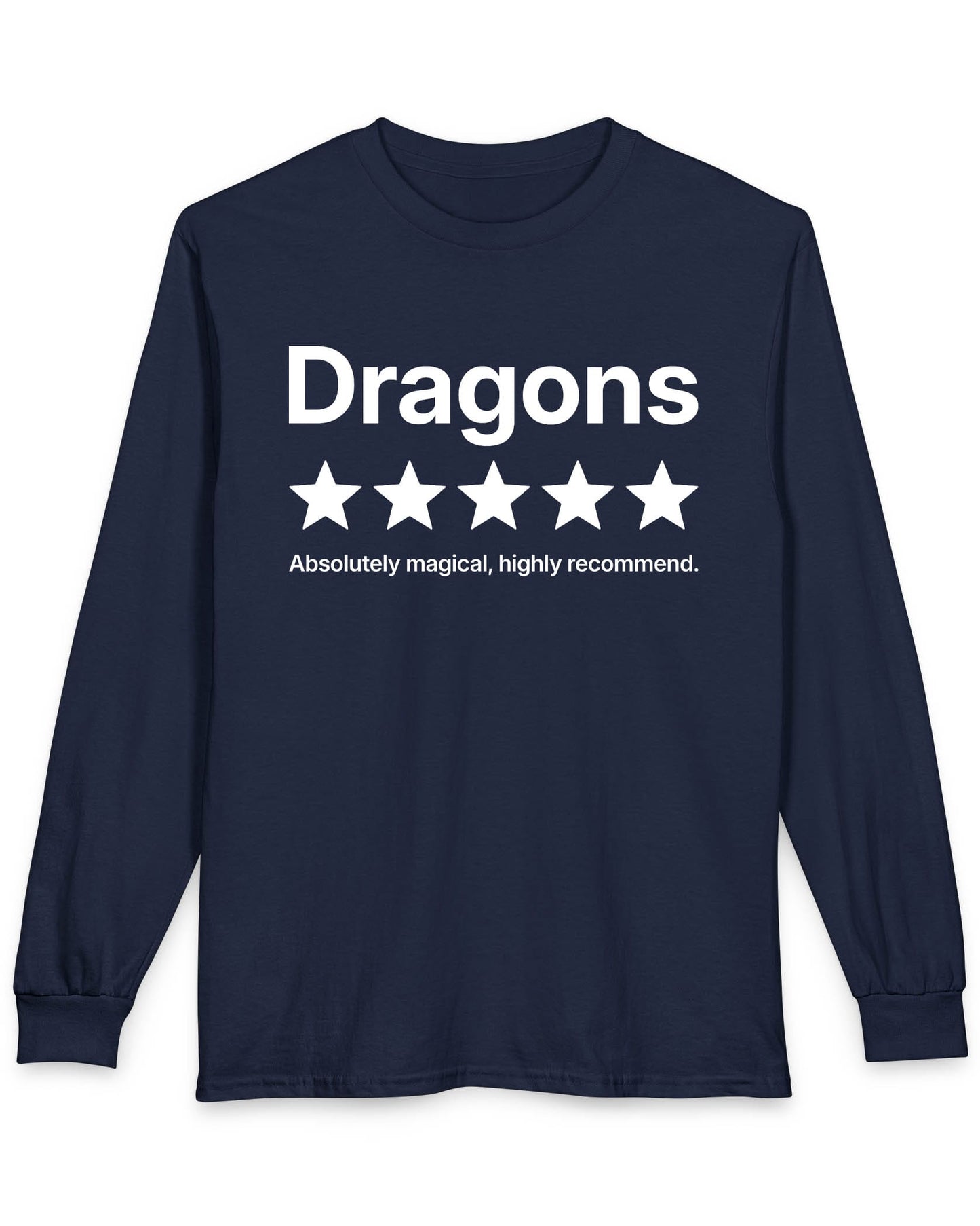 5-Star Dragons shirt in navy with a playful review design declaring dragons absolutely magical and highly recommended
