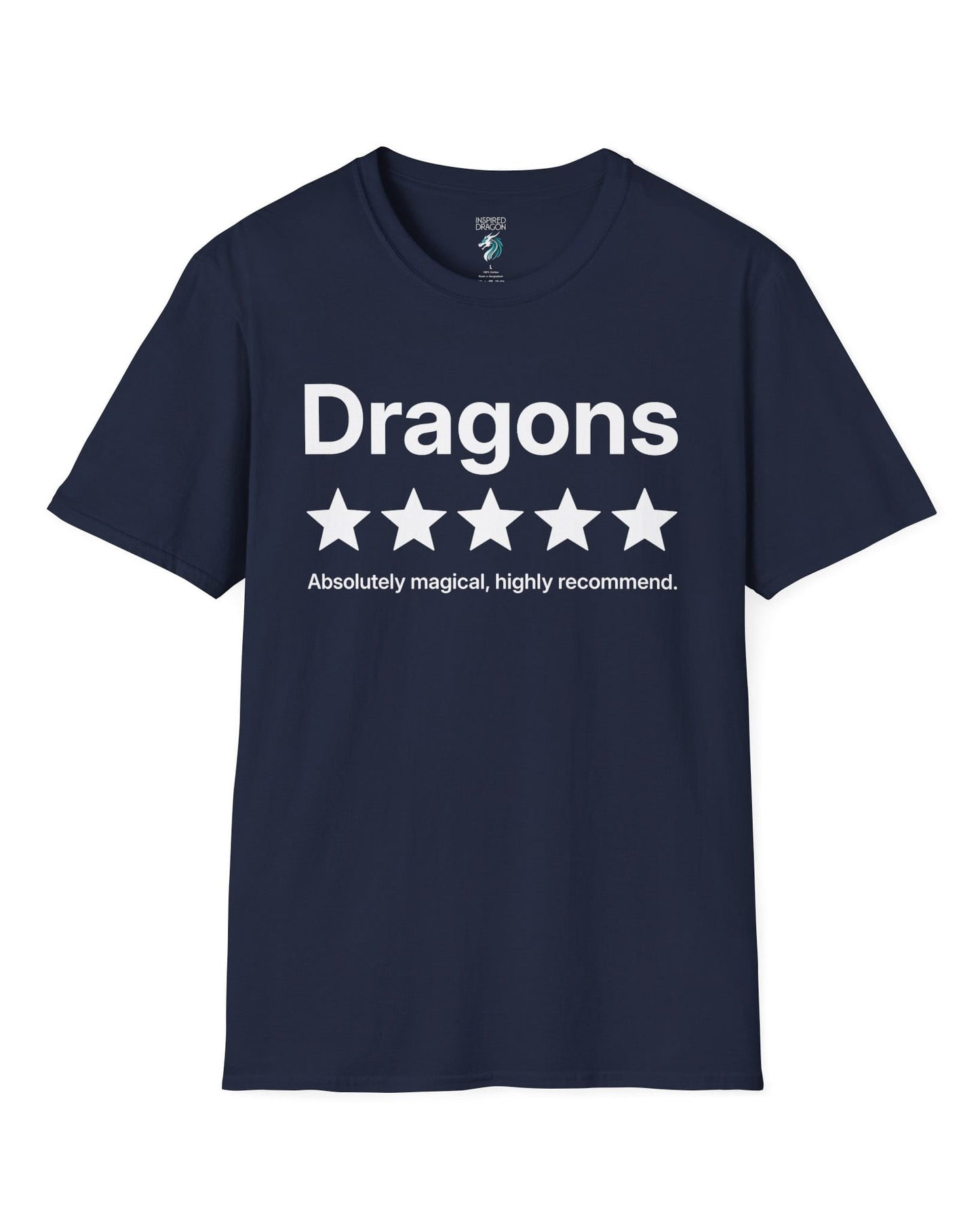 5-Star Dragons shirt in navy with a playful review design declaring dragons absolutely magical and highly recommended