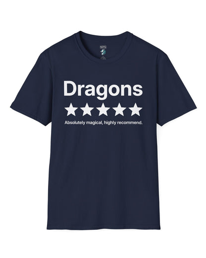 5-Star Dragons shirt in navy with a playful review design declaring dragons absolutely magical and highly recommended