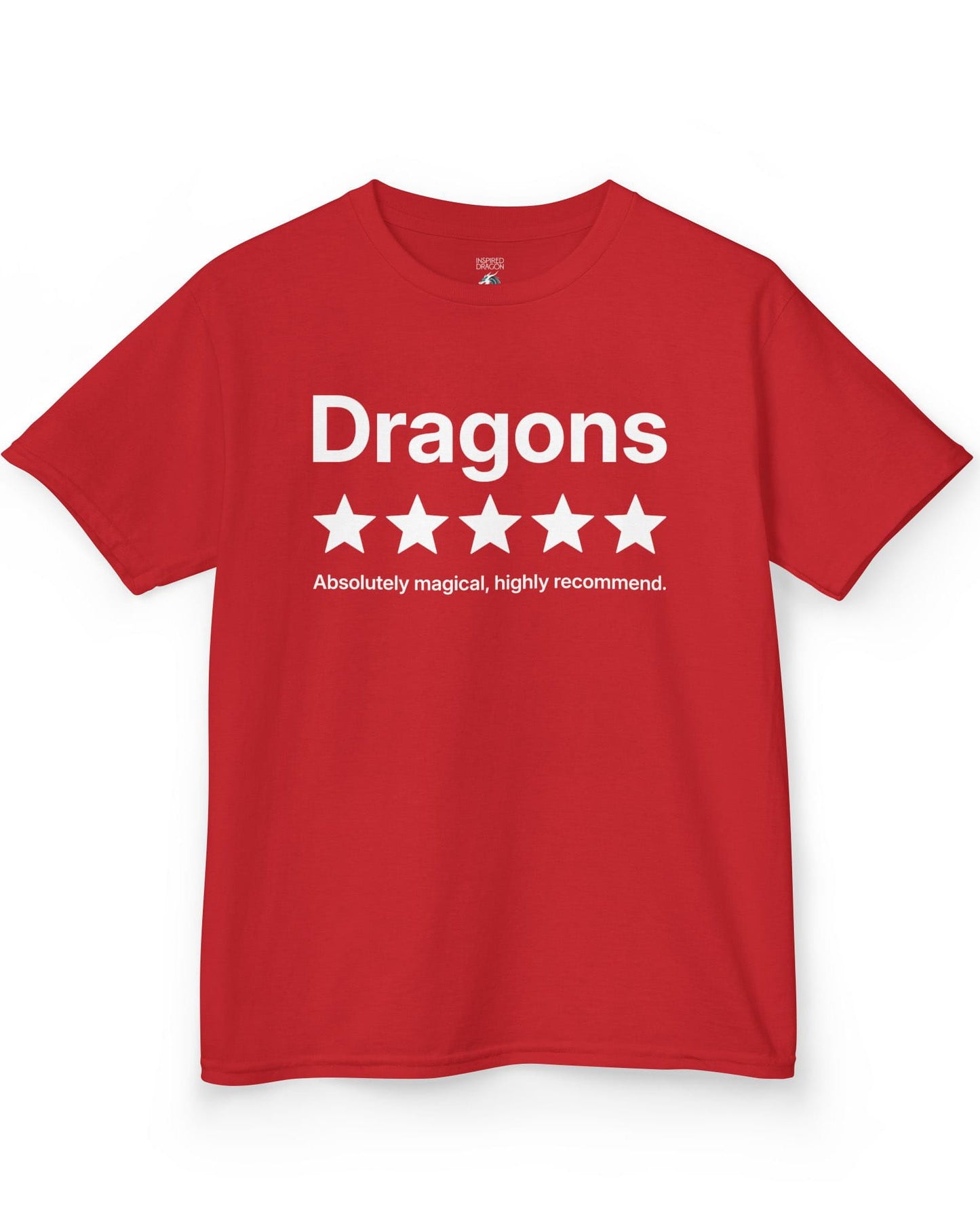5-Star Dragons shirt in red with a playful review design declaring dragons absolutely magical and highly recommended
