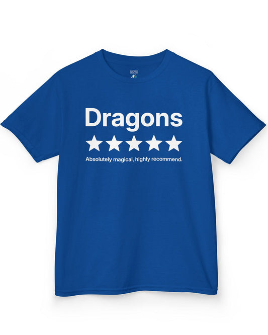 5-Star Dragons shirt in royal blue with a playful review design declaring dragons absolutely magical and highly recommended