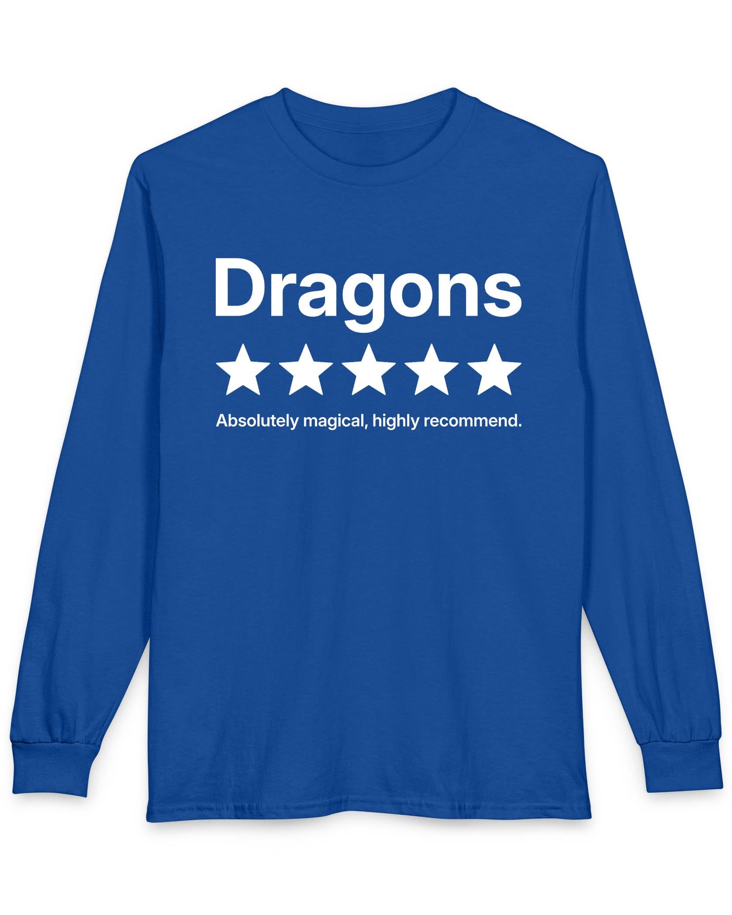 5-Star Dragons shirt in royal blue with a playful review design declaring dragons absolutely magical and highly recommended