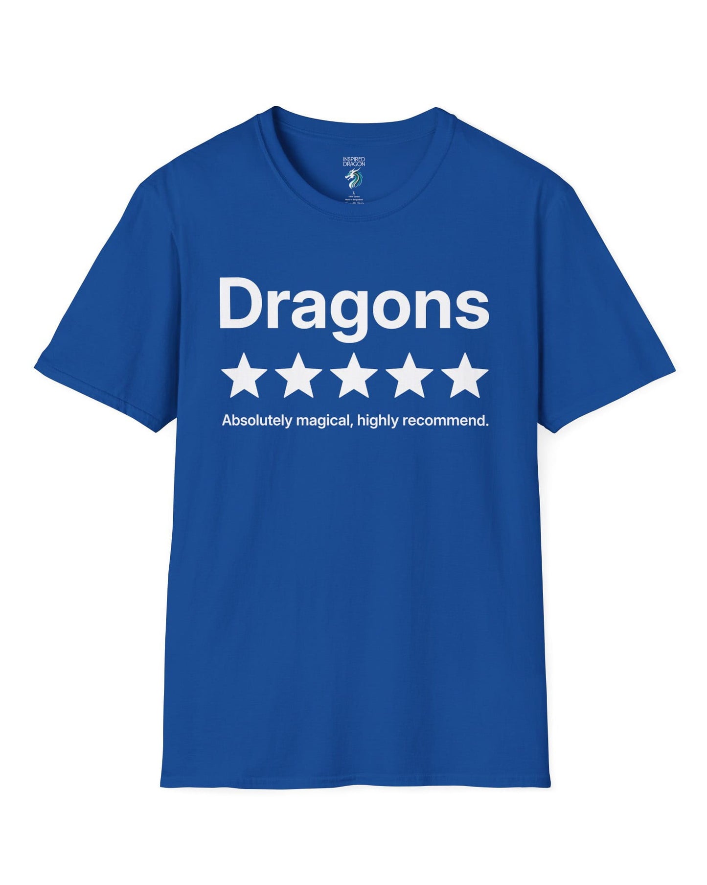 5-Star Dragons shirt in royal blue with a playful review design declaring dragons absolutely magical and highly recommended
