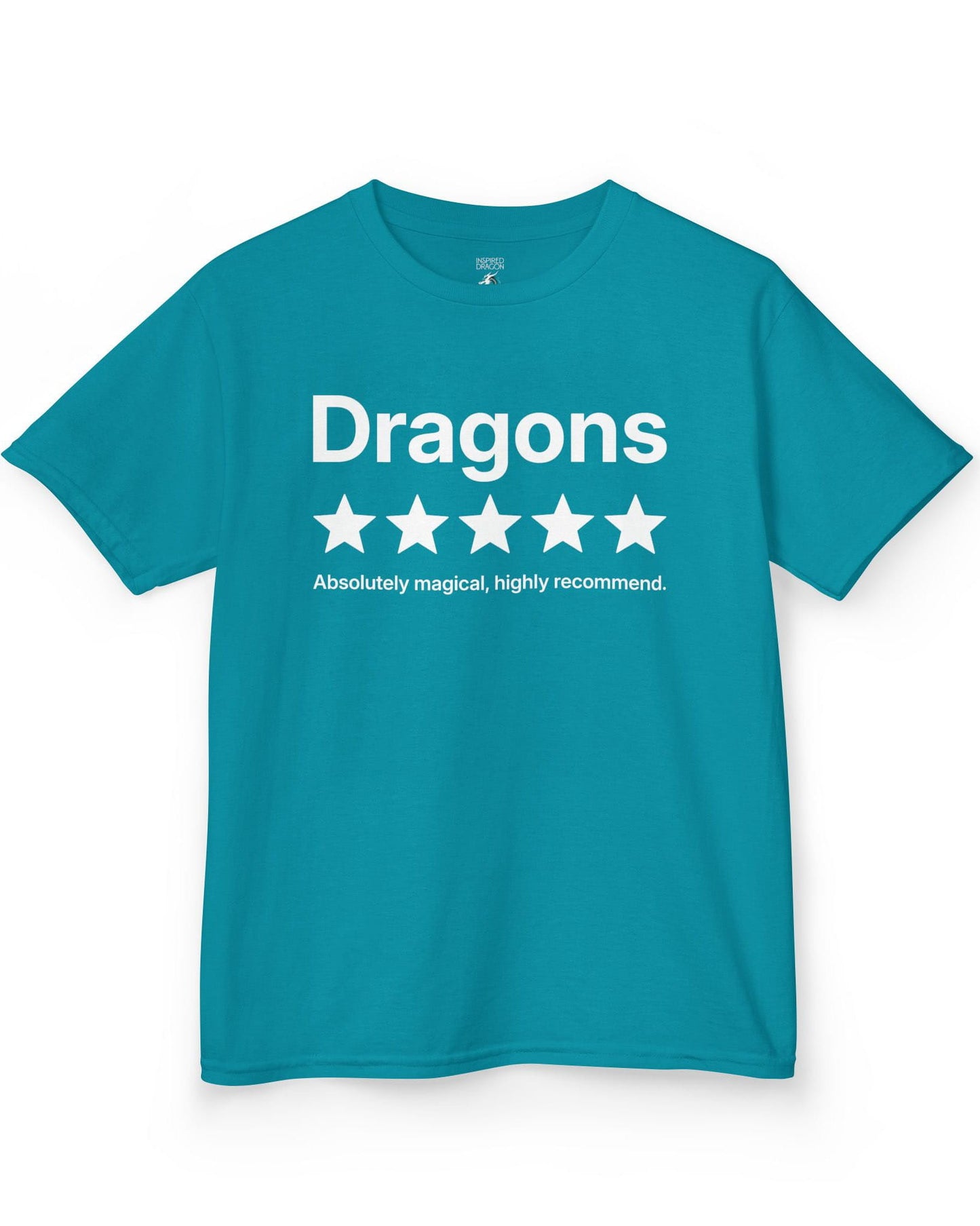 5-Star Dragons shirt in tropical blue with a playful review design declaring dragons absolutely magical and highly recommended