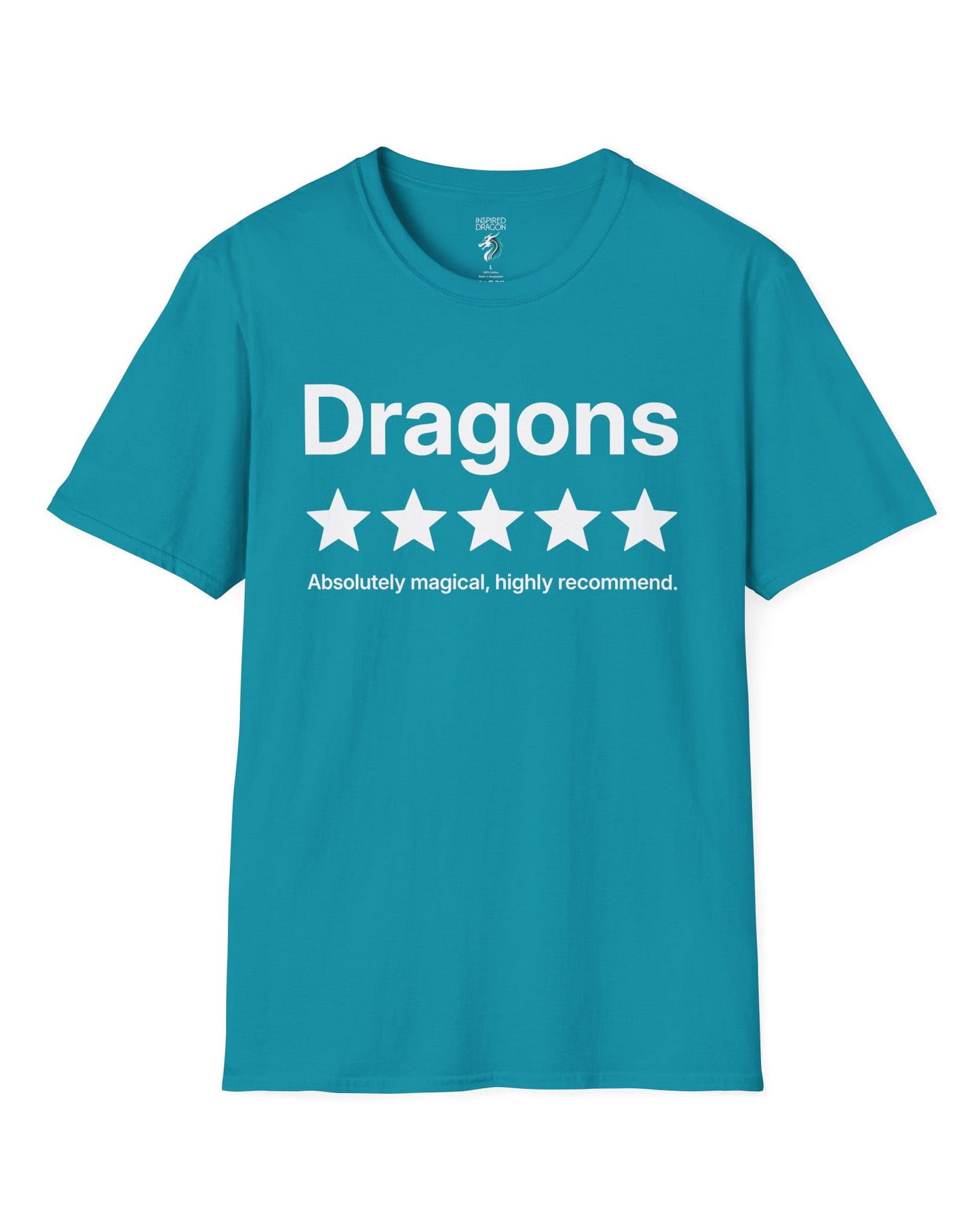 5-Star Dragons shirt in tropical blue with a playful review design declaring dragons absolutely magical and highly recommended
