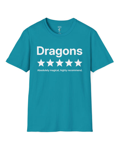 5-Star Dragons shirt in tropical blue with a playful review design declaring dragons absolutely magical and highly recommended