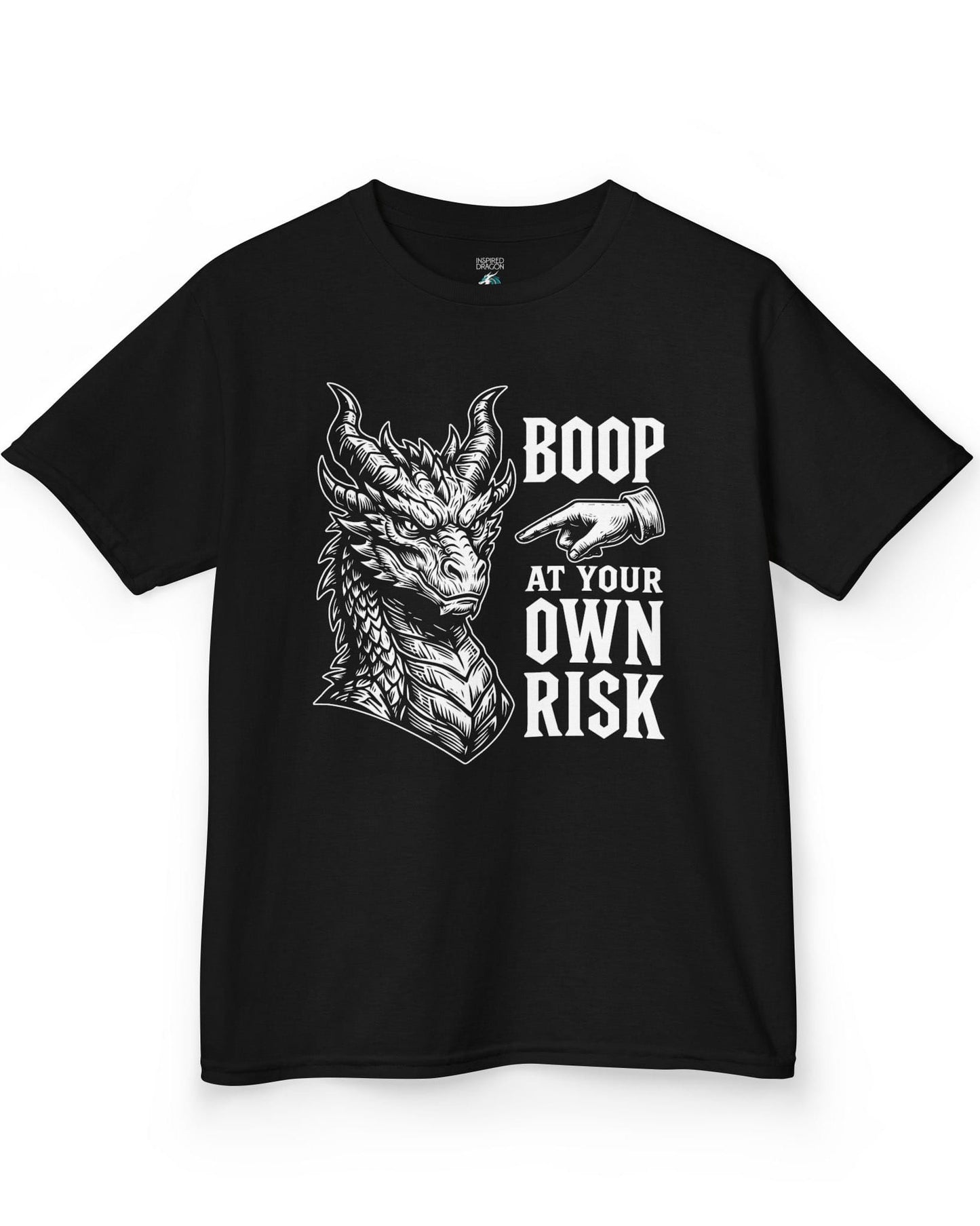 Boop at Your Own Risk shirt in black featuring a detailed dragon portrait with a warning for brave boopers only