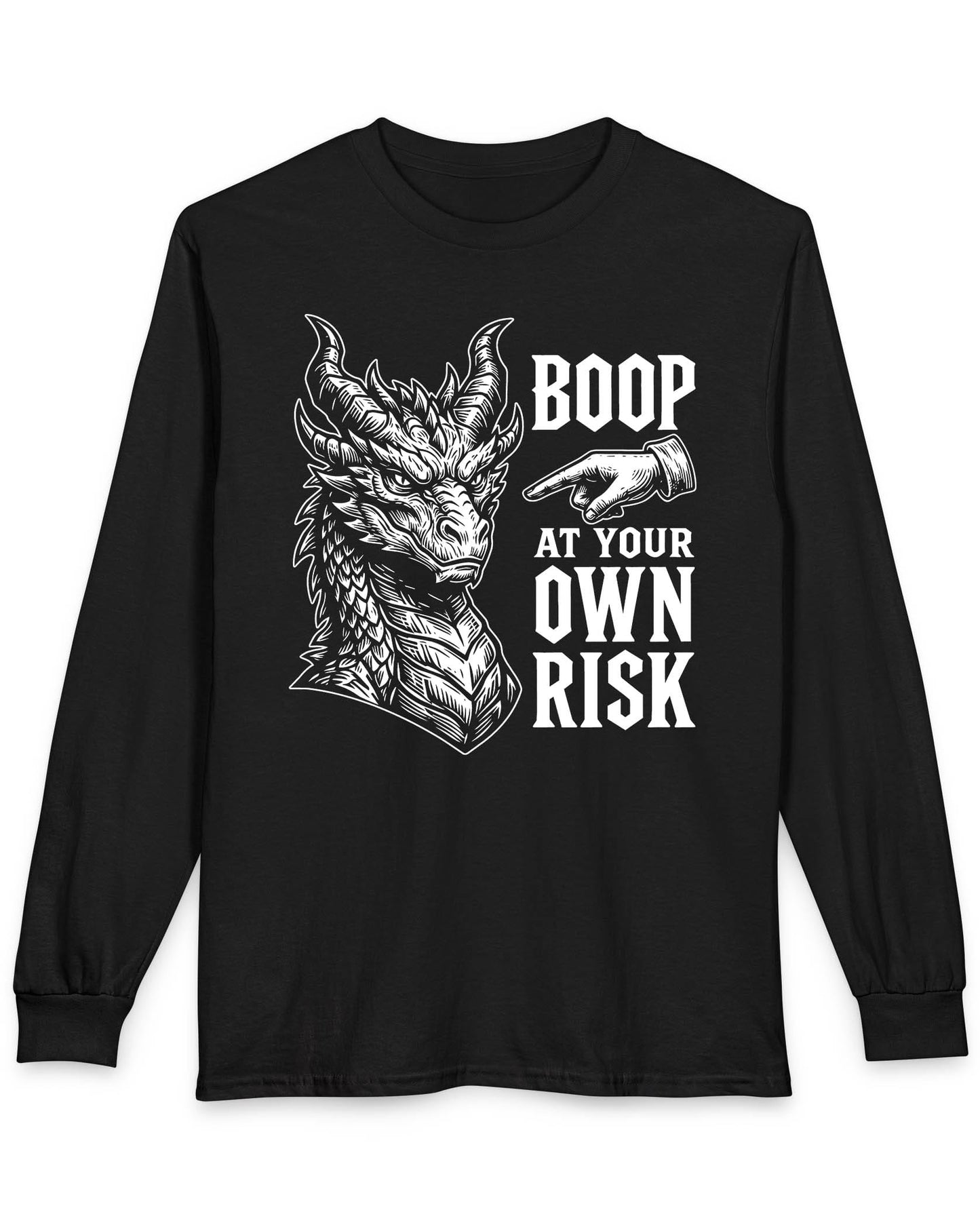 Boop at Your Own Risk shirt in black featuring a detailed dragon portrait with a warning for brave boopers only
