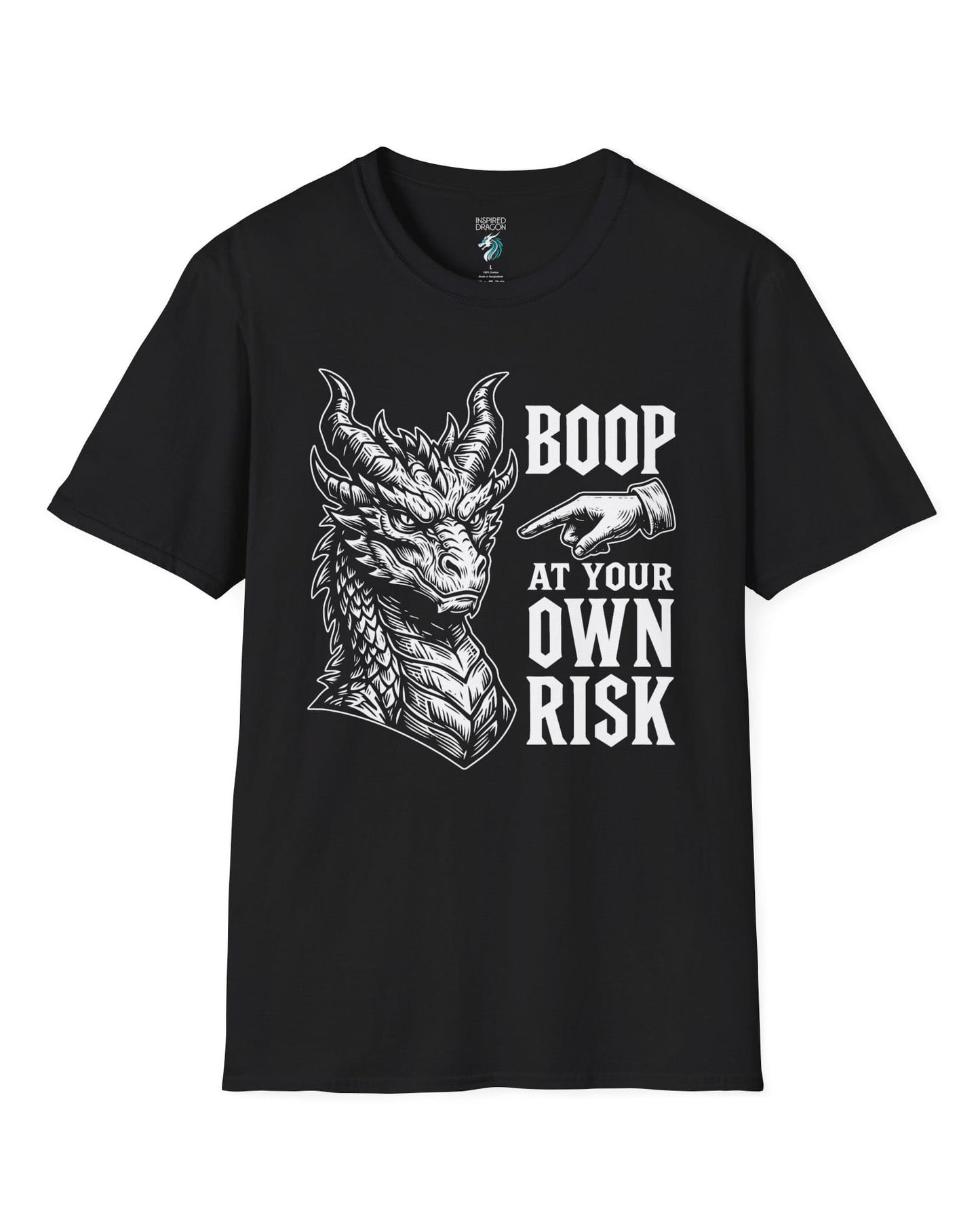 Boop at Your Own Risk shirt in black featuring a detailed dragon portrait with a warning for brave boopers only