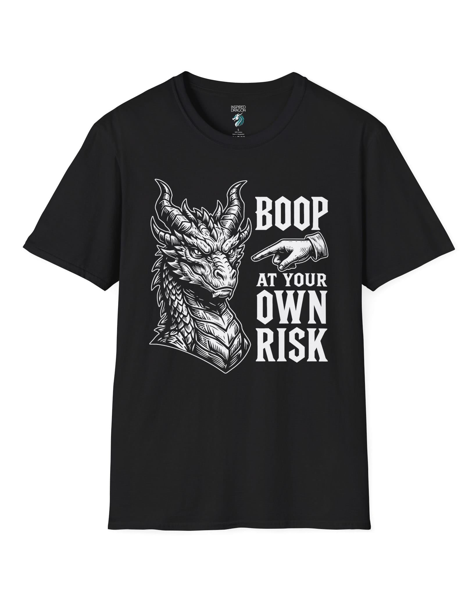 Boop at Your Own Risk shirt in black featuring a detailed dragon portrait with a warning for brave boopers only