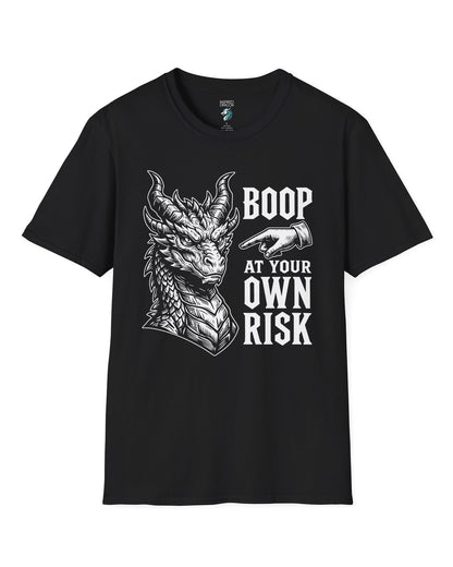 Boop at Your Own Risk shirt in black featuring a detailed dragon portrait with a warning for brave boopers only