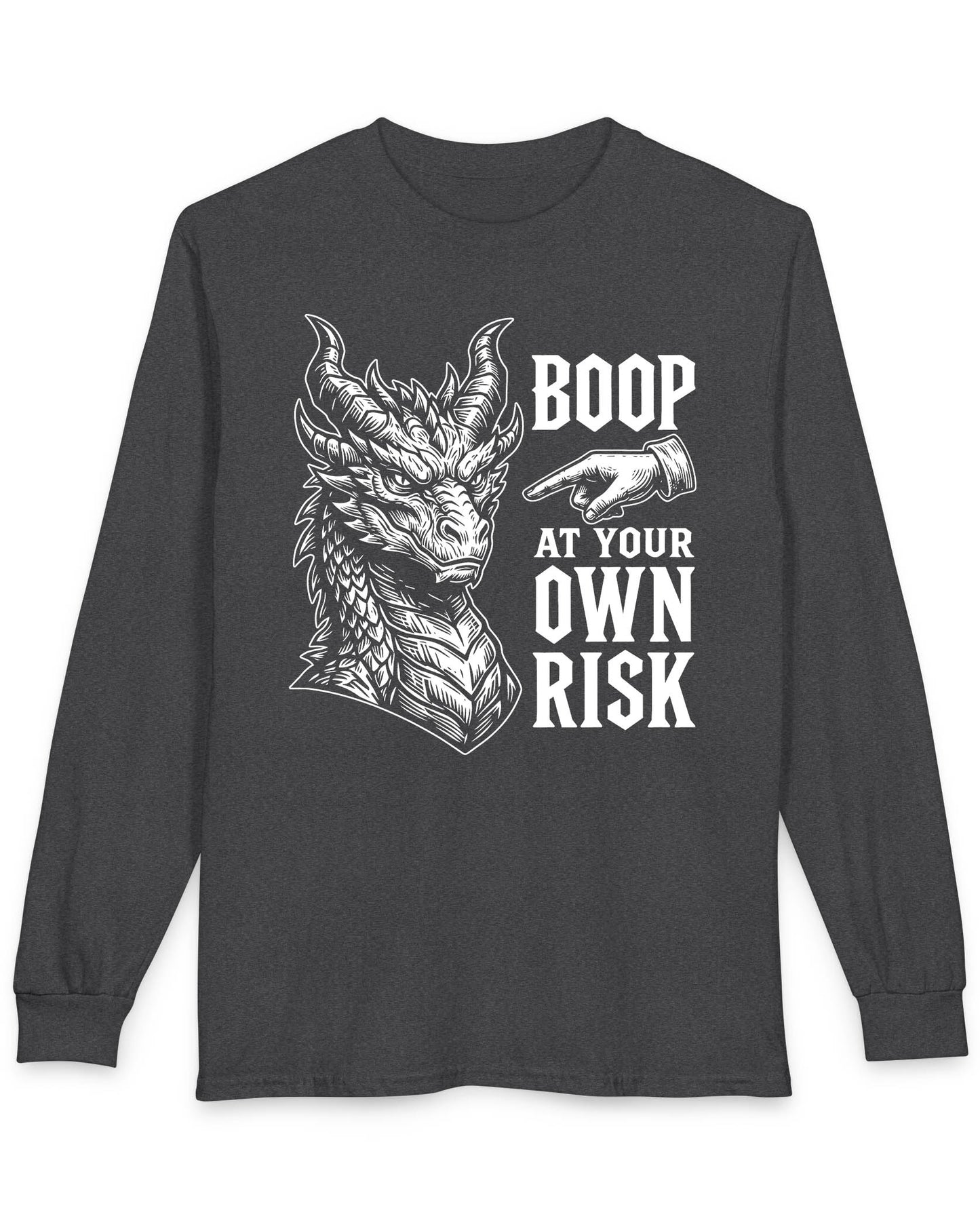 Boop at Your Own Risk shirt in dark heather featuring a detailed dragon portrait with a warning for brave boopers only