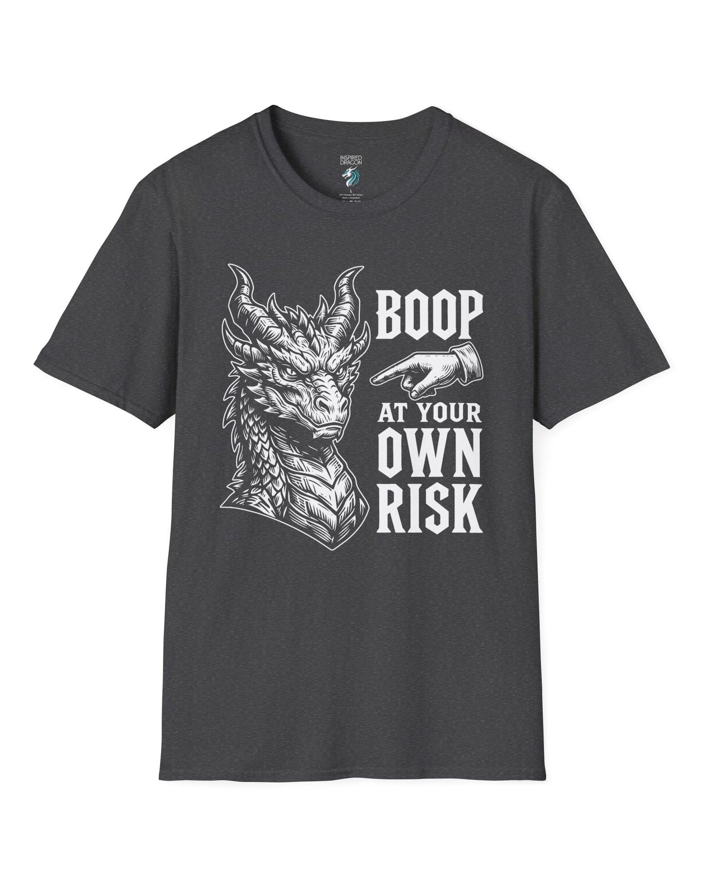 Boop at Your Own Risk shirt in dark heather featuring a detailed dragon portrait with a warning for brave boopers only