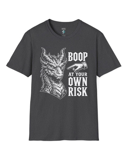 Boop at Your Own Risk shirt in dark heather featuring a detailed dragon portrait with a warning for brave boopers only