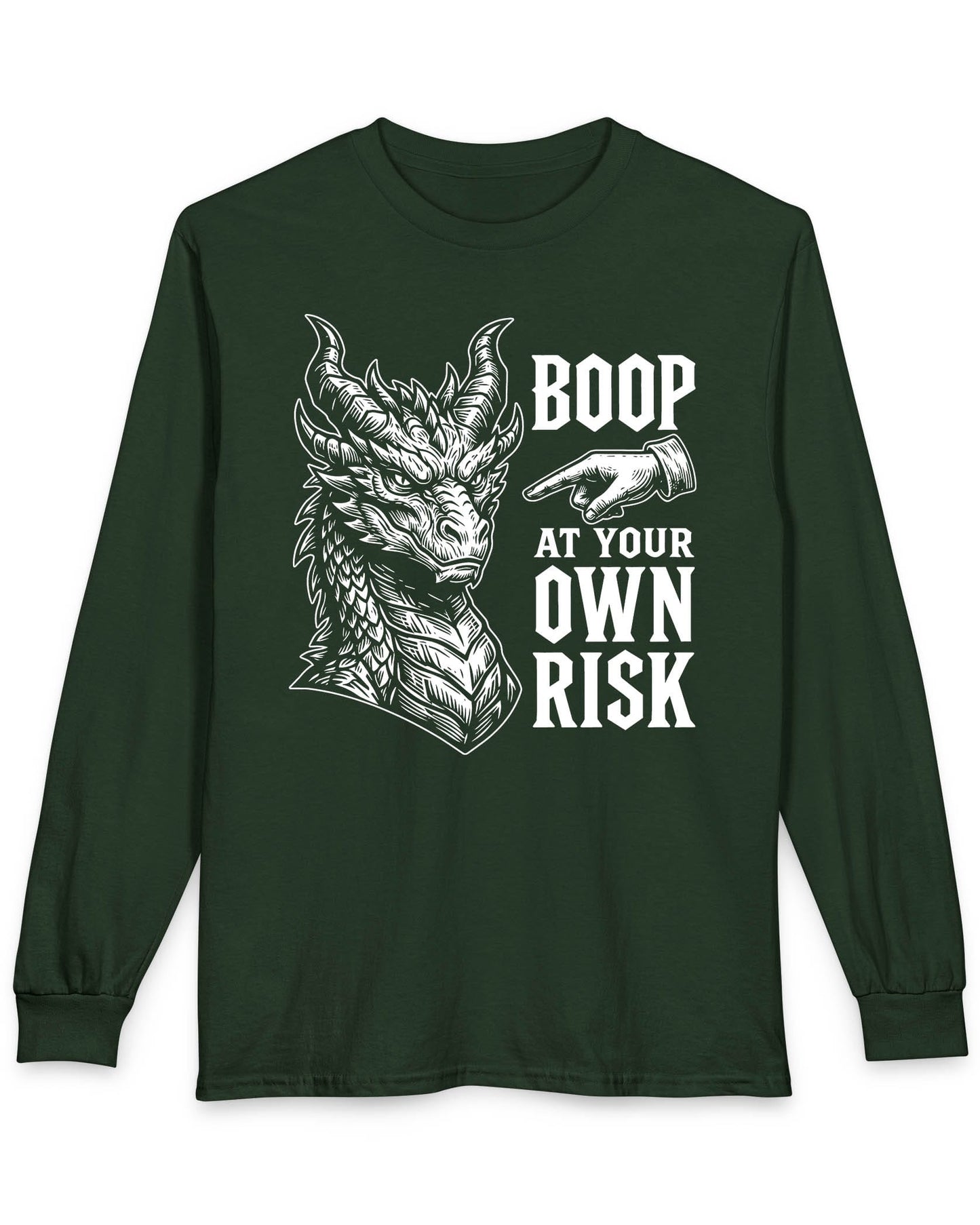 Boop at Your Own Risk shirt in forest green featuring a detailed dragon portrait with a warning for brave boopers only