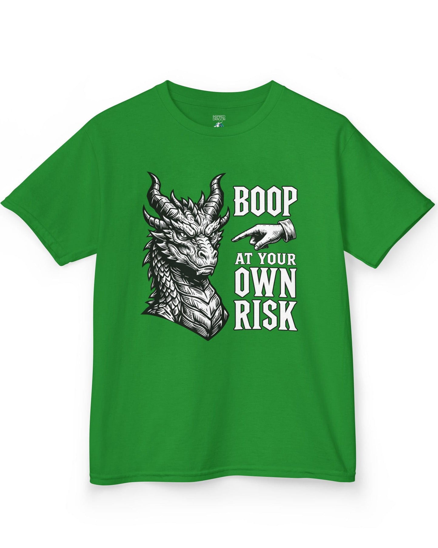 Boop at Your Own Risk shirt in Irish green featuring a detailed dragon portrait with a warning for brave boopers only
