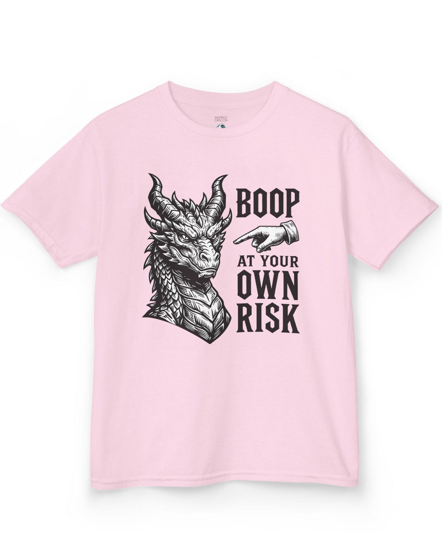 Boop at Your Own Risk shirt in light pink featuring a detailed dragon portrait with a warning for brave boopers only