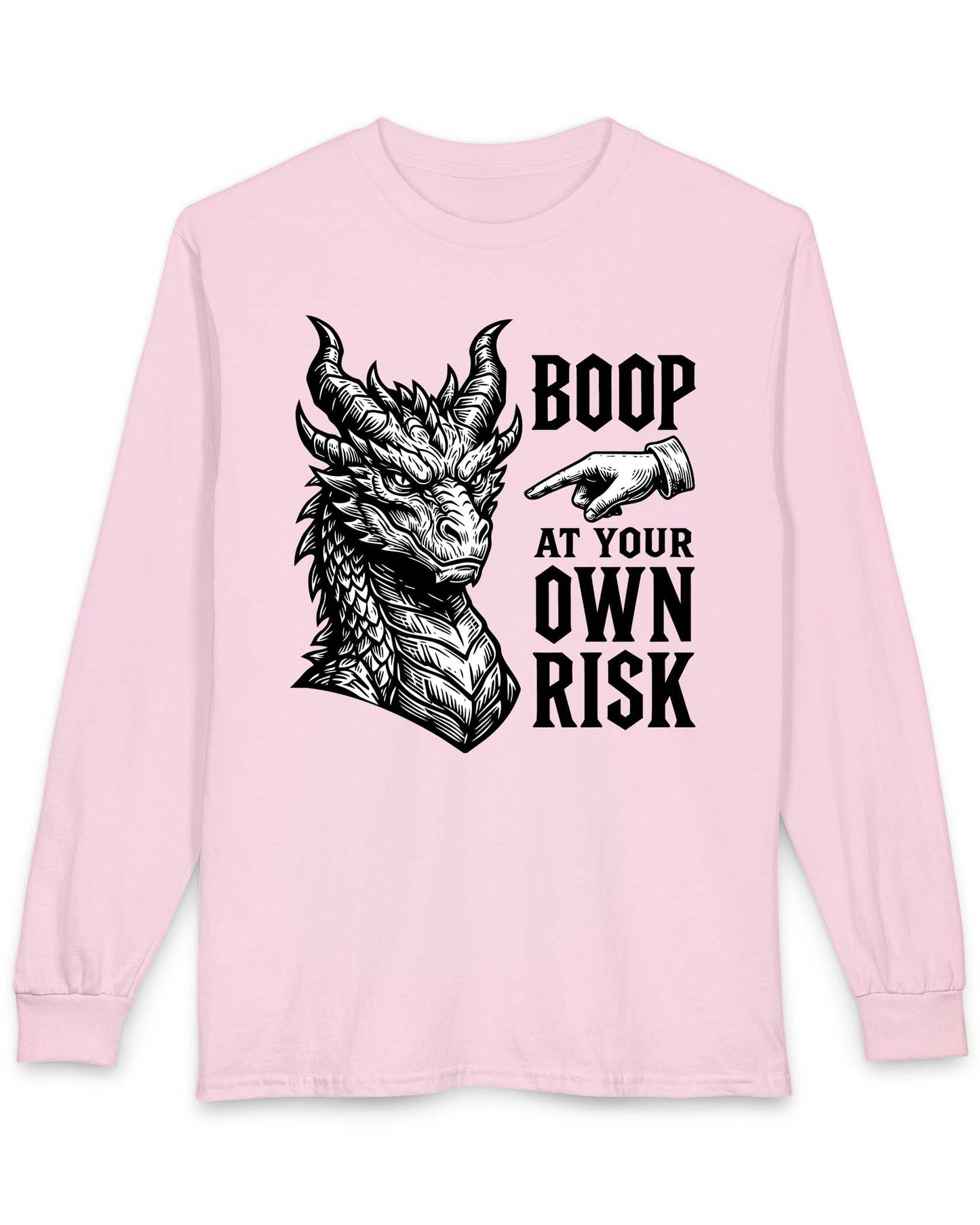 Boop at Your Own Risk shirt in light pink featuring a detailed dragon portrait with a warning for brave boopers only