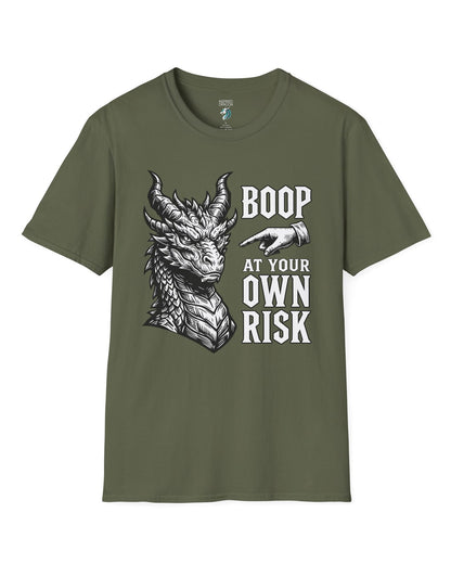 Boop at Your Own Risk shirt in military green featuring a detailed dragon portrait with a warning for brave boopers only