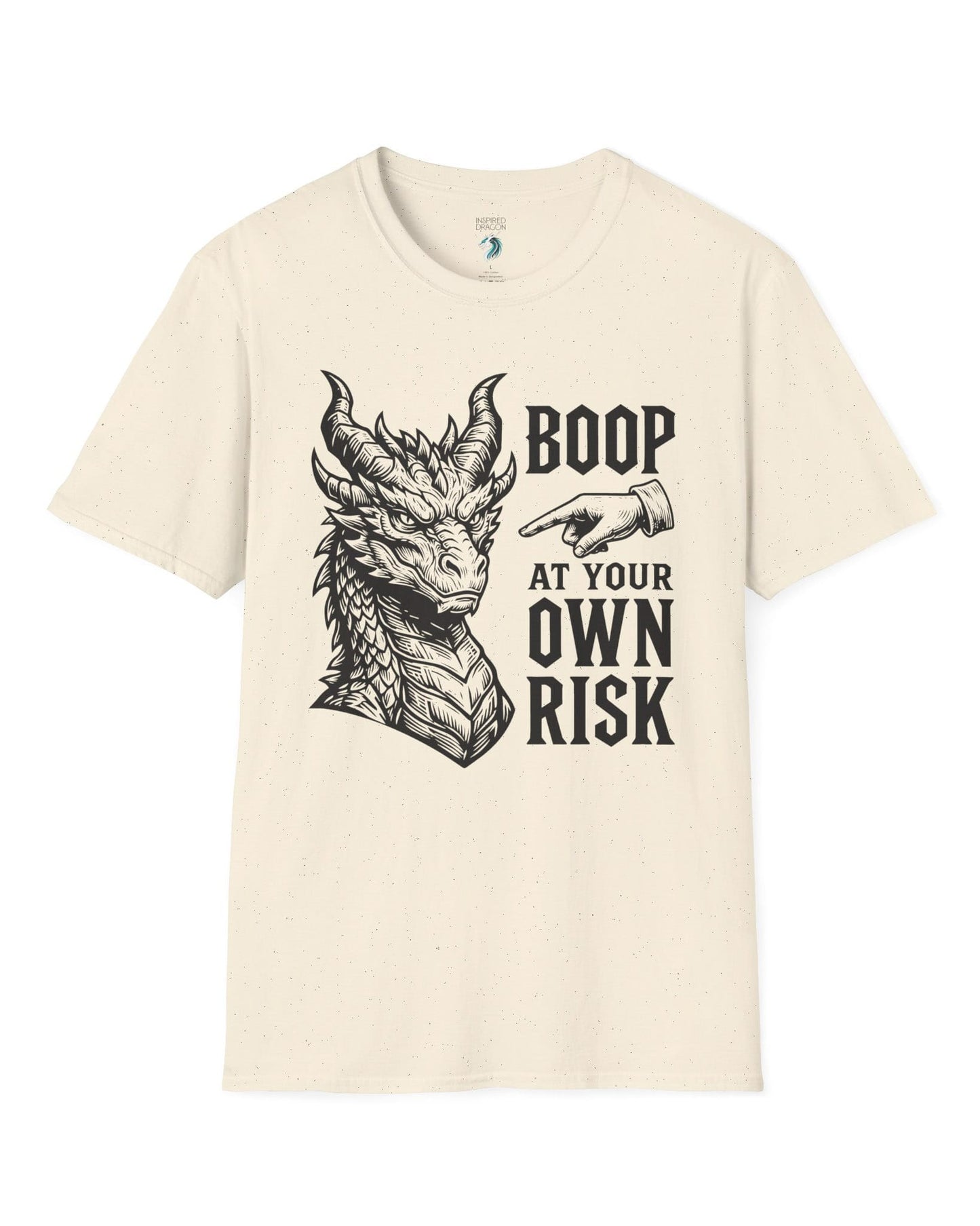 Boop at Your Own Risk shirt in natural featuring a detailed dragon portrait with a warning for brave boopers only