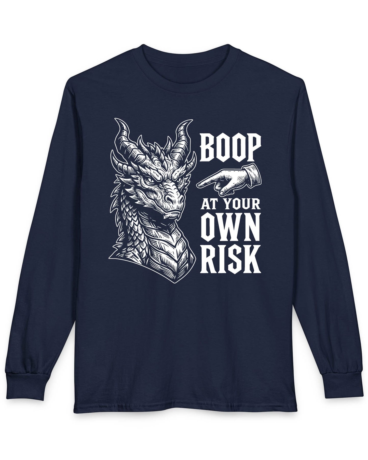 Boop at Your Own Risk shirt in navy featuring a detailed dragon portrait with a warning for brave boopers only