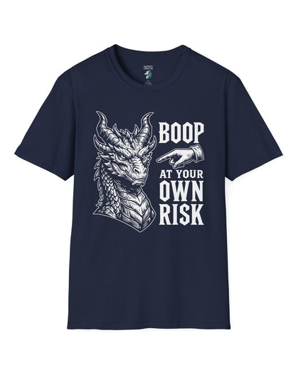 Boop at Your Own Risk shirt in navy featuring a detailed dragon portrait with a warning for brave boopers only