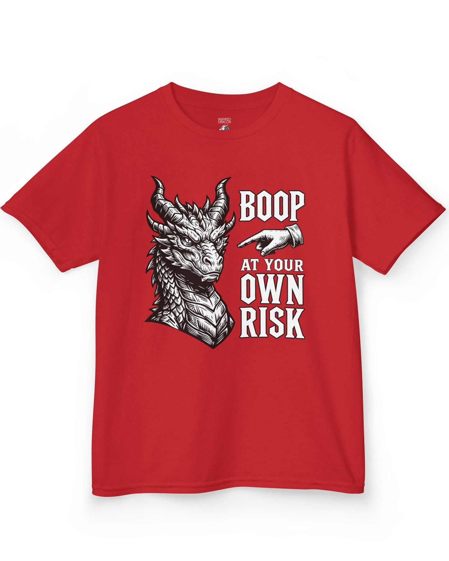Boop at Your Own Risk shirt in red featuring a detailed dragon portrait with a warning for brave boopers only