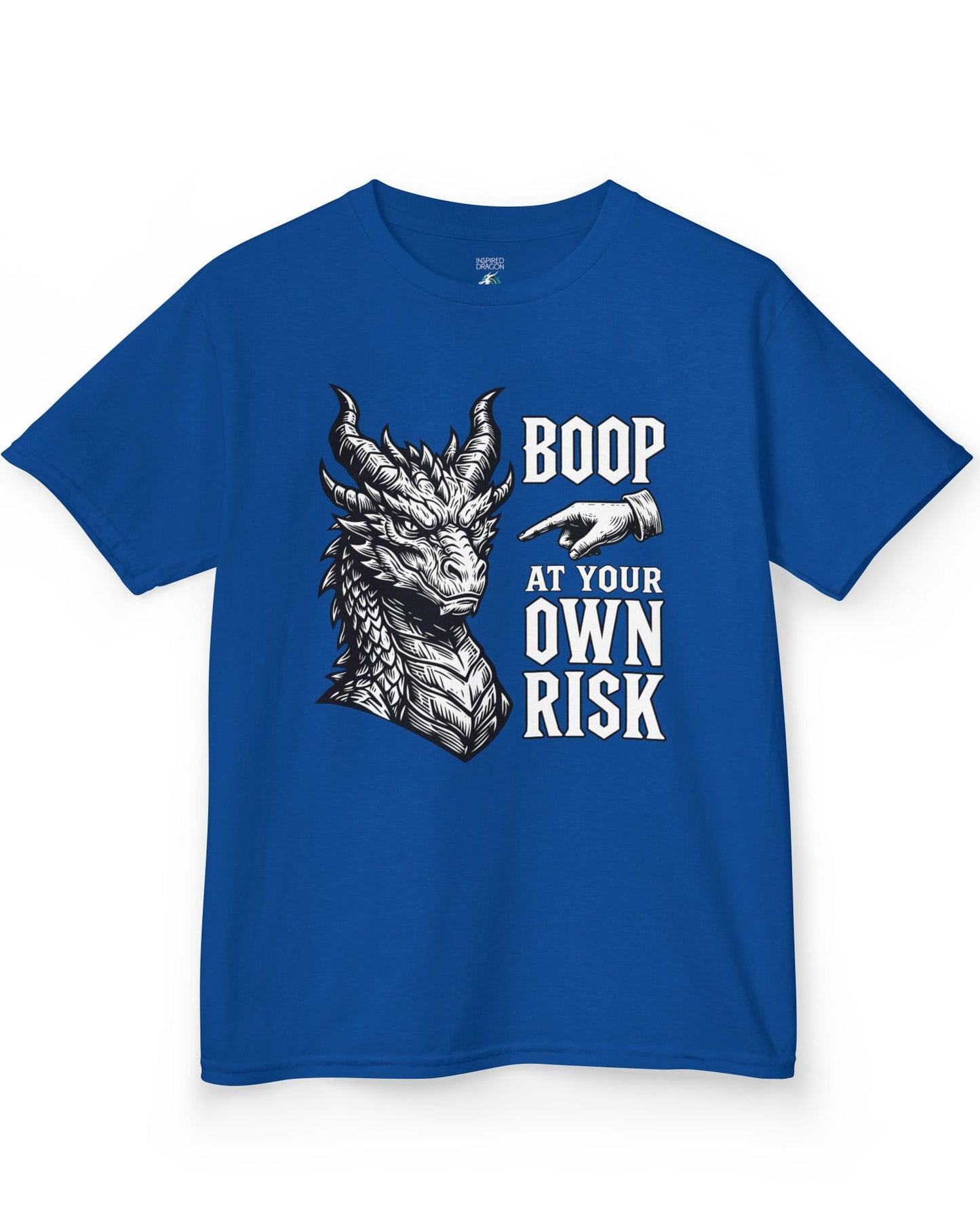 Boop at Your Own Risk shirt in royal blue featuring a detailed dragon portrait with a warning for brave boopers only