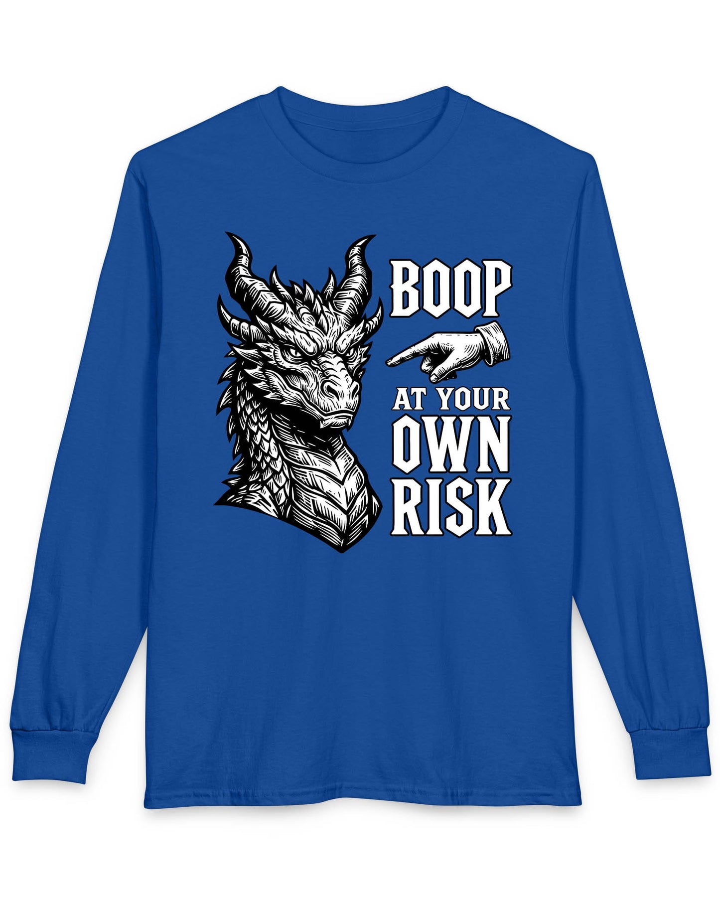 Boop at Your Own Risk shirt in royal blue featuring a detailed dragon portrait with a warning for brave boopers only