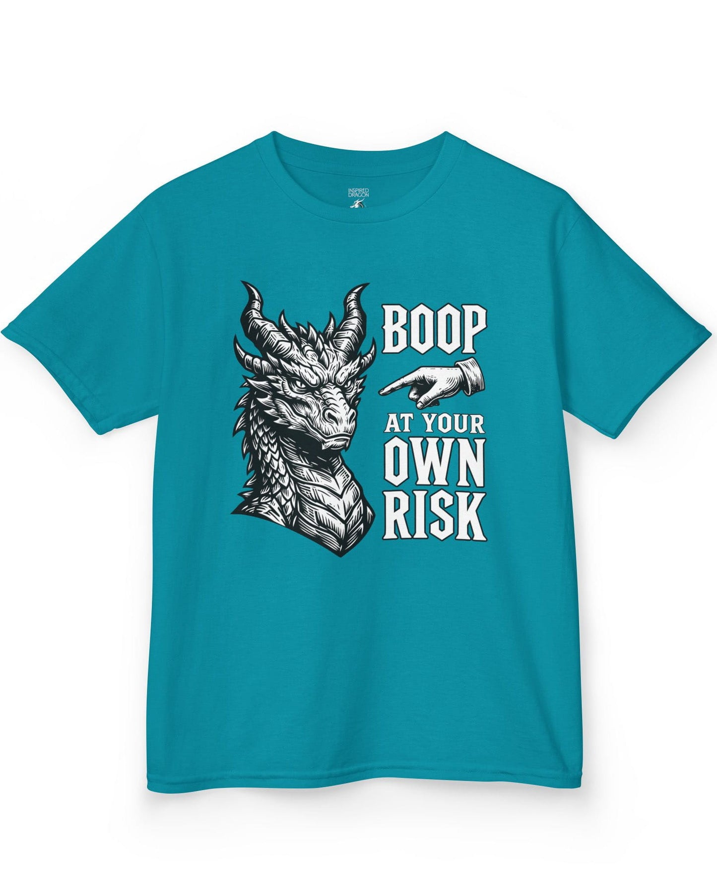 Boop at Your Own Risk shirt in tropical blue featuring a detailed dragon portrait with a warning for brave boopers only