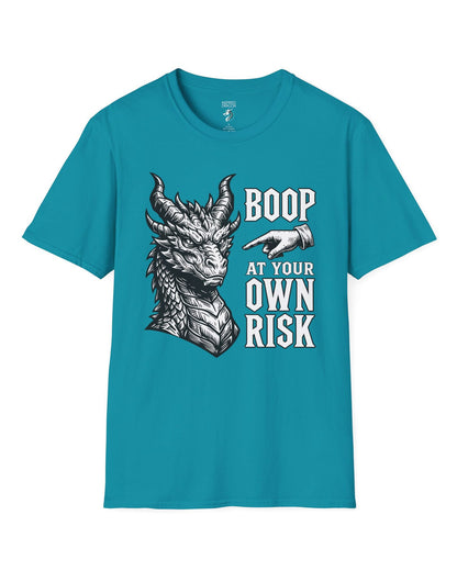 Boop at Your Own Risk shirt in tropical blue featuring a detailed dragon portrait with a warning for brave boopers only