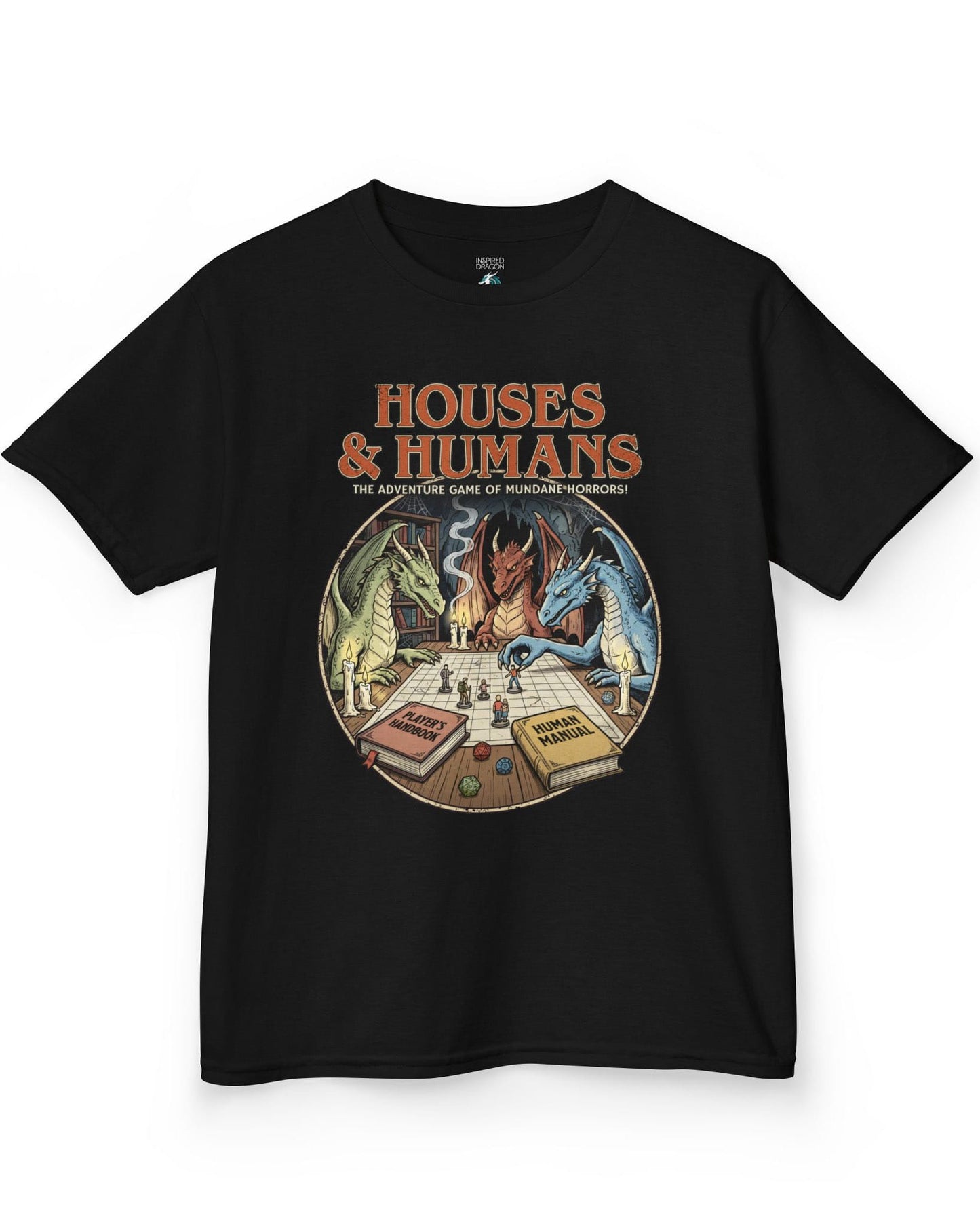 Houses & Humans shirt in black featuring dragons playing a fantasy tabletop game about being everyday humans