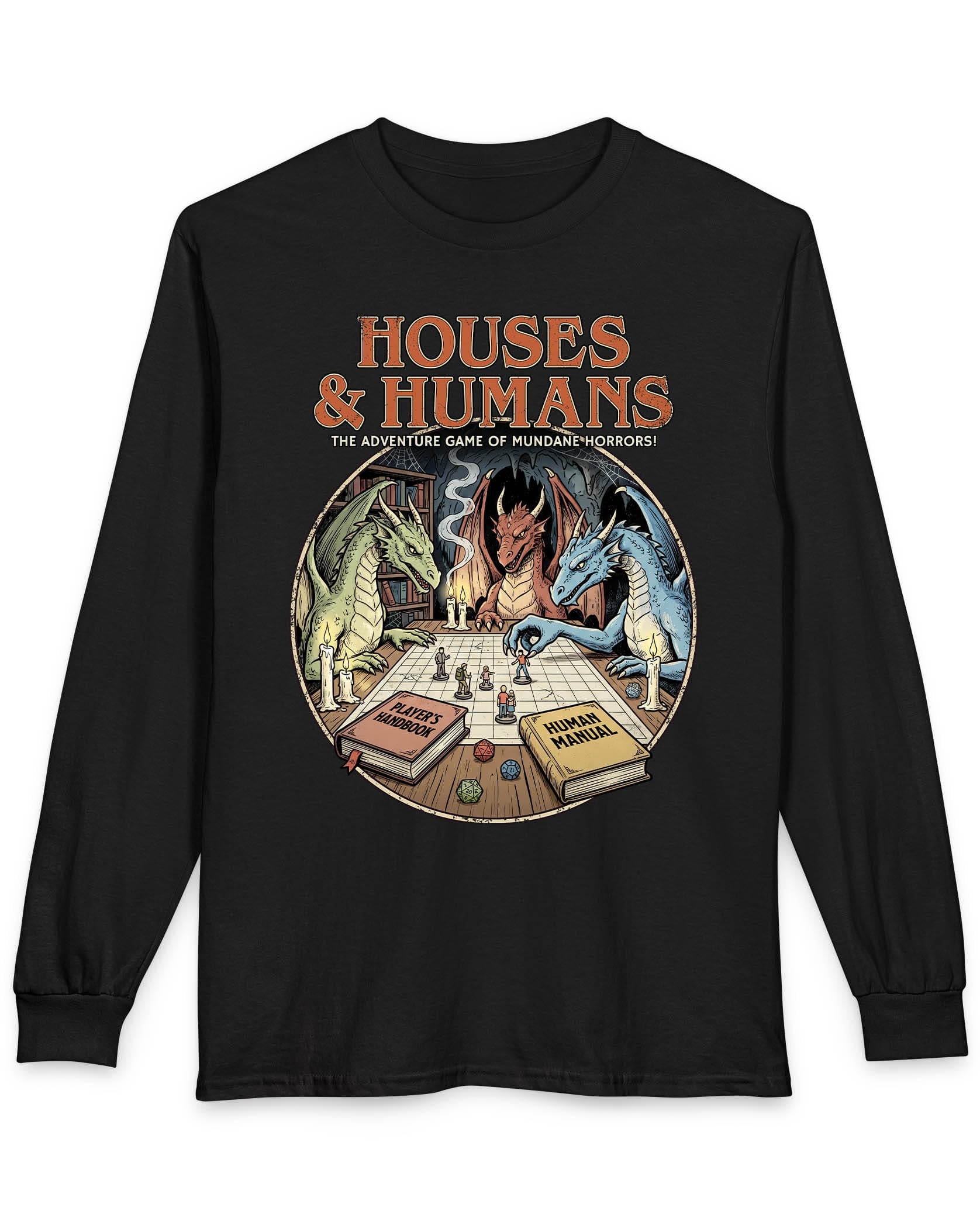 Houses & Humans shirt in black featuring dragons playing a fantasy tabletop game about being everyday humans