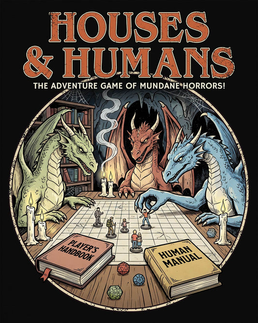 Houses & Humans shirt in black featuring dragons playing a fantasy tabletop game about being everyday humans
