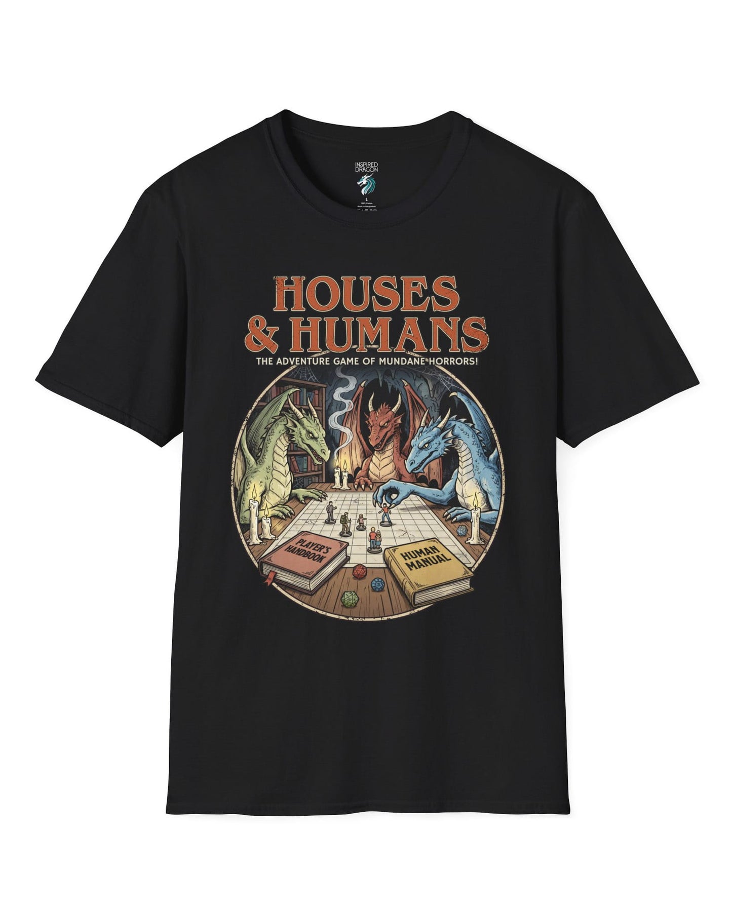 Houses & Humans shirt in black featuring dragons playing a fantasy tabletop game about being everyday humans