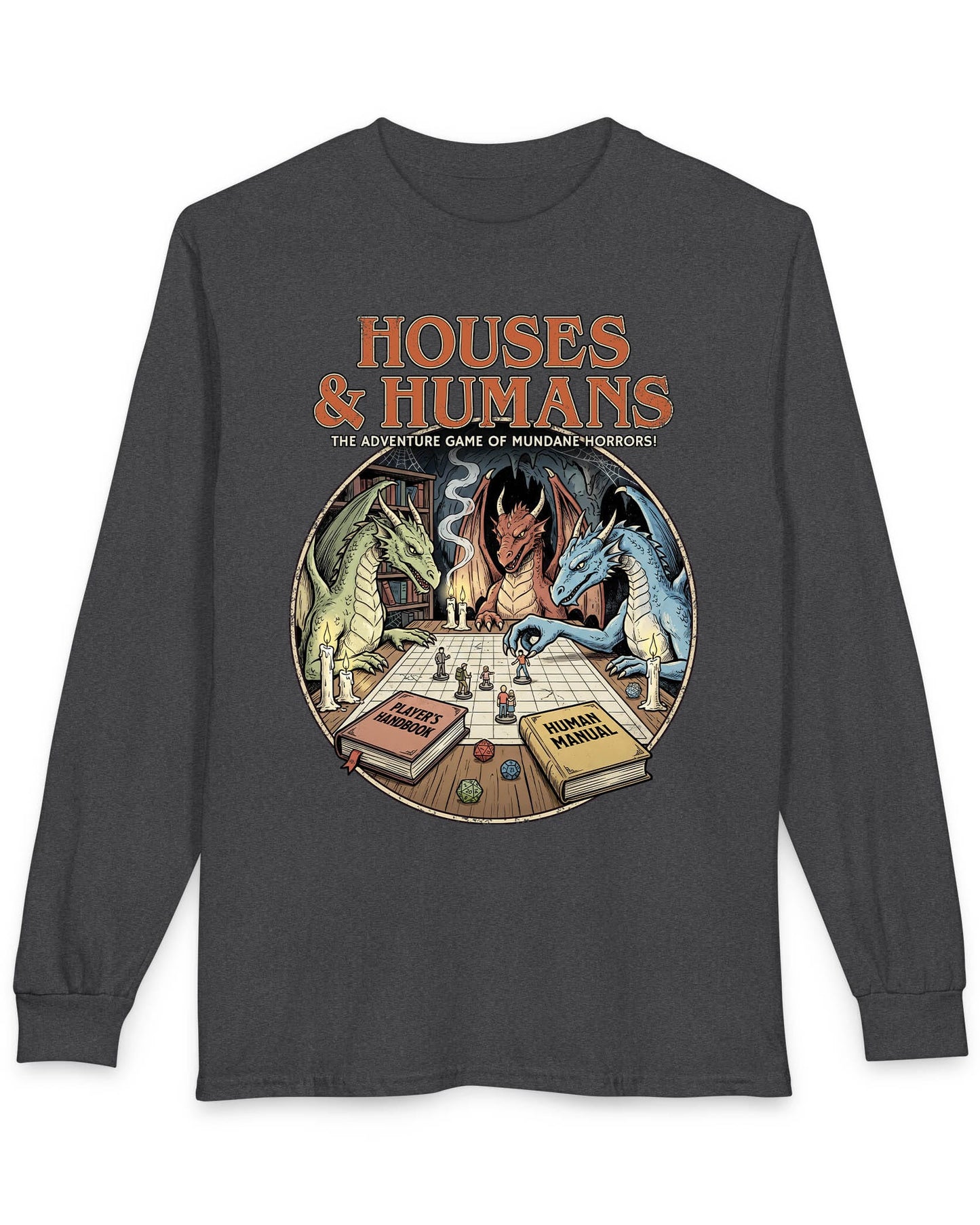 Houses & Humans shirt in dark heather featuring dragons playing a fantasy tabletop game about being everyday humans