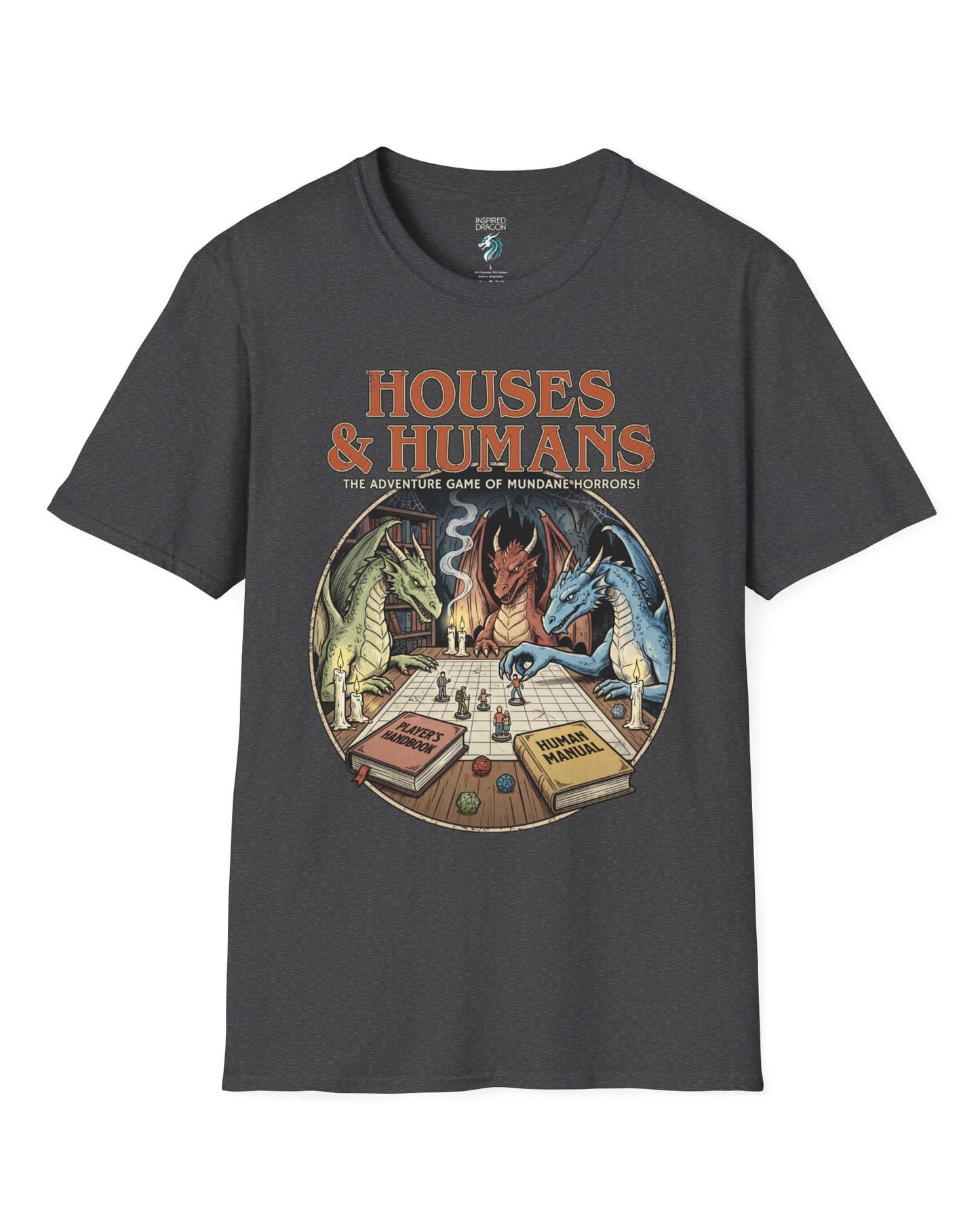 Houses & Humans shirt in dark heather featuring dragons playing a fantasy tabletop game about being everyday humans