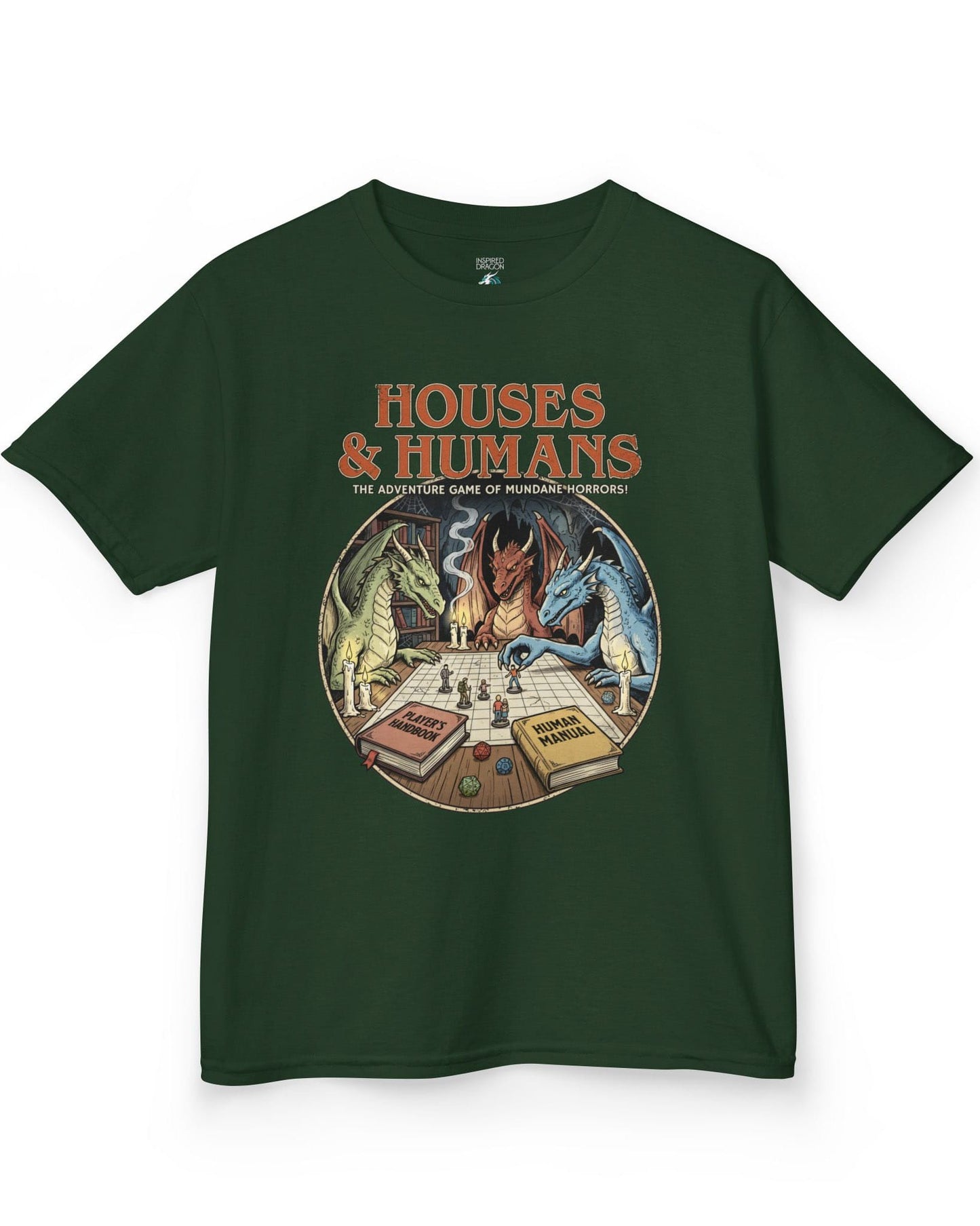 Houses & Humans shirt in forest green featuring dragons playing a fantasy tabletop game about being everyday humans