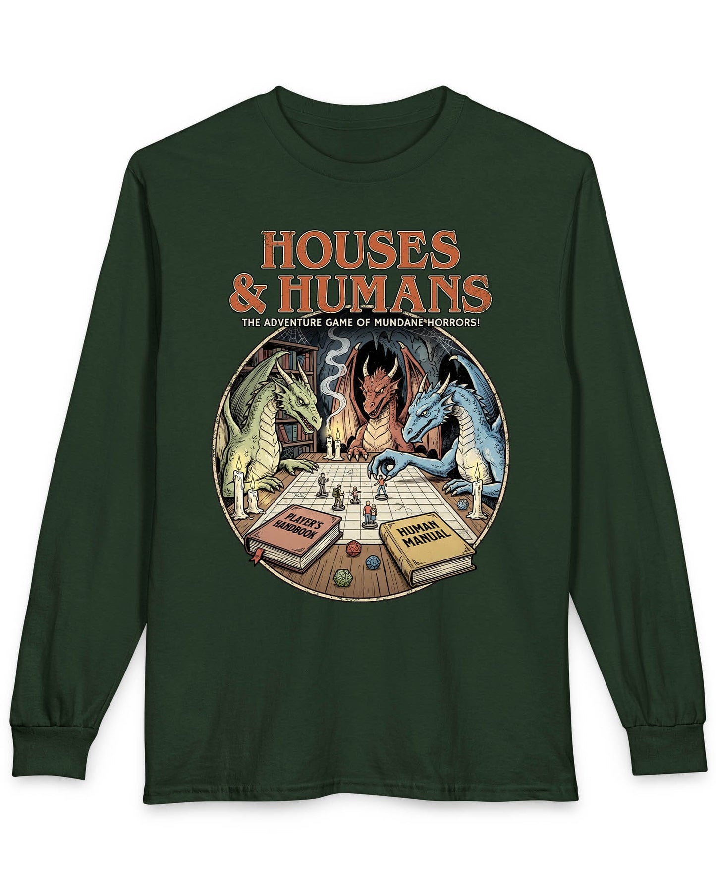 Houses & Humans shirt in forest green featuring dragons playing a fantasy tabletop game about being everyday humans