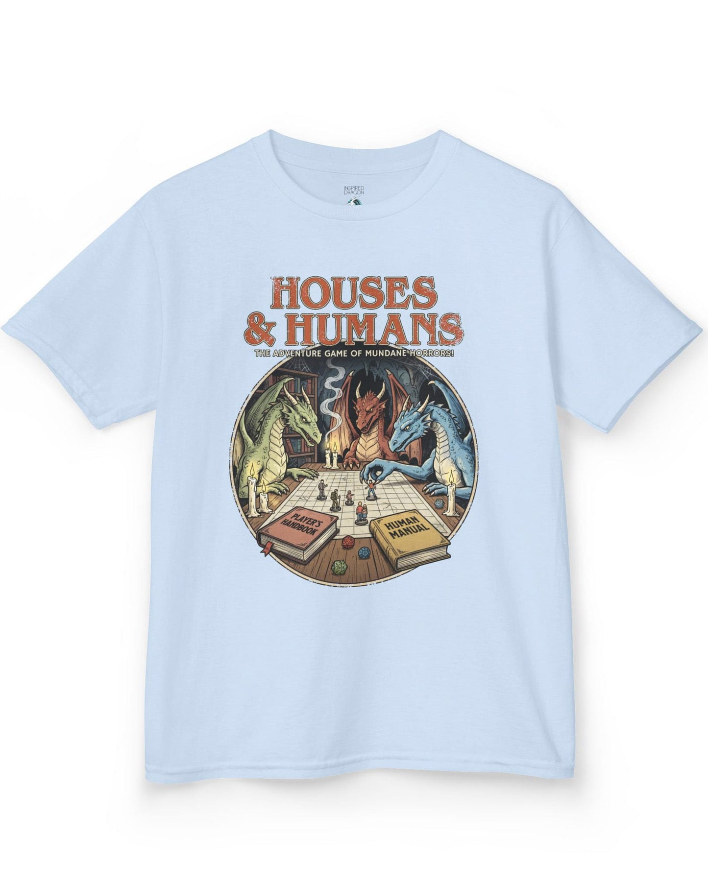 Houses & Humans shirt in light blue featuring dragons playing a fantasy tabletop game about being everyday humans