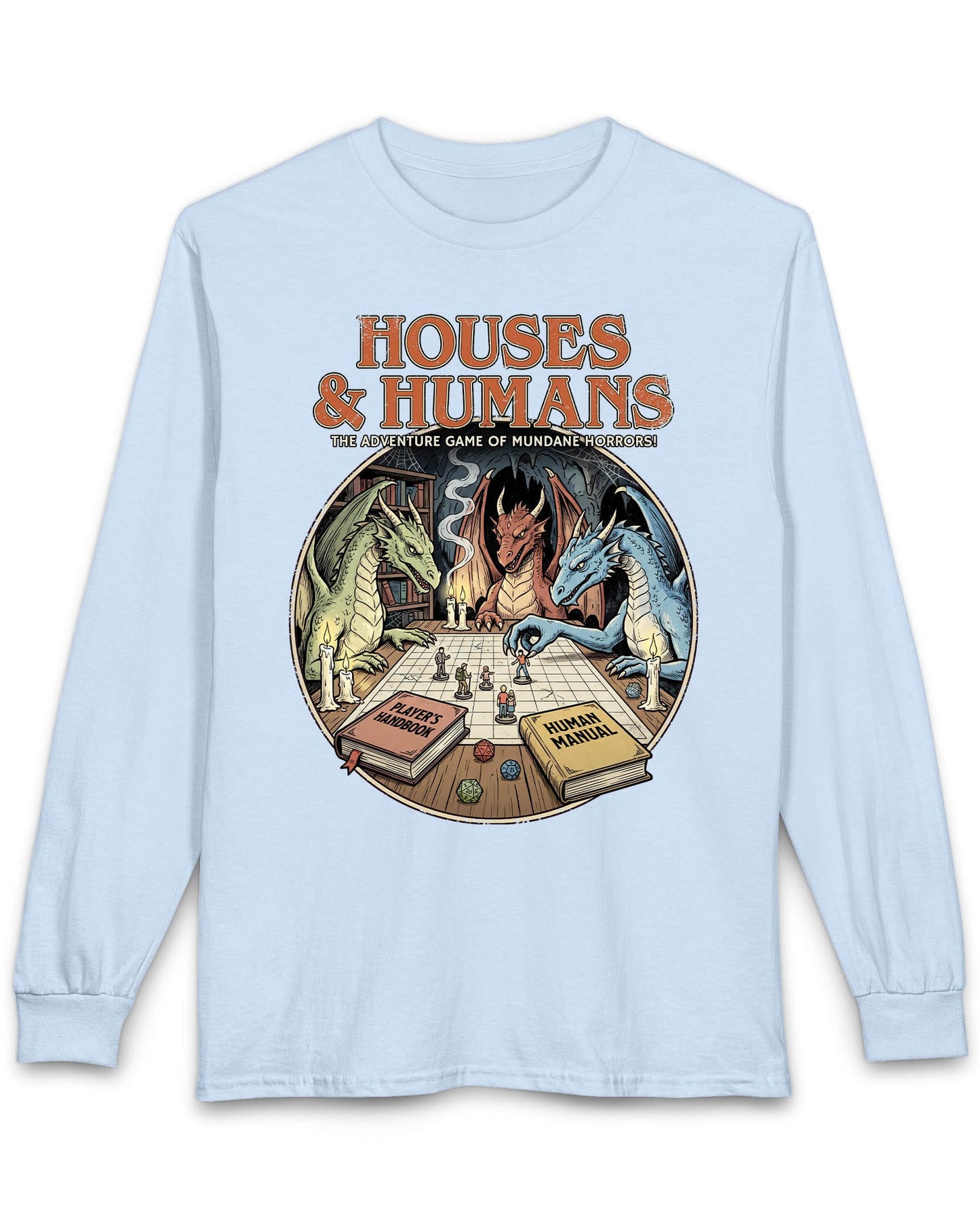 Houses & Humans shirt in light blue featuring dragons playing a fantasy tabletop game about being everyday humans