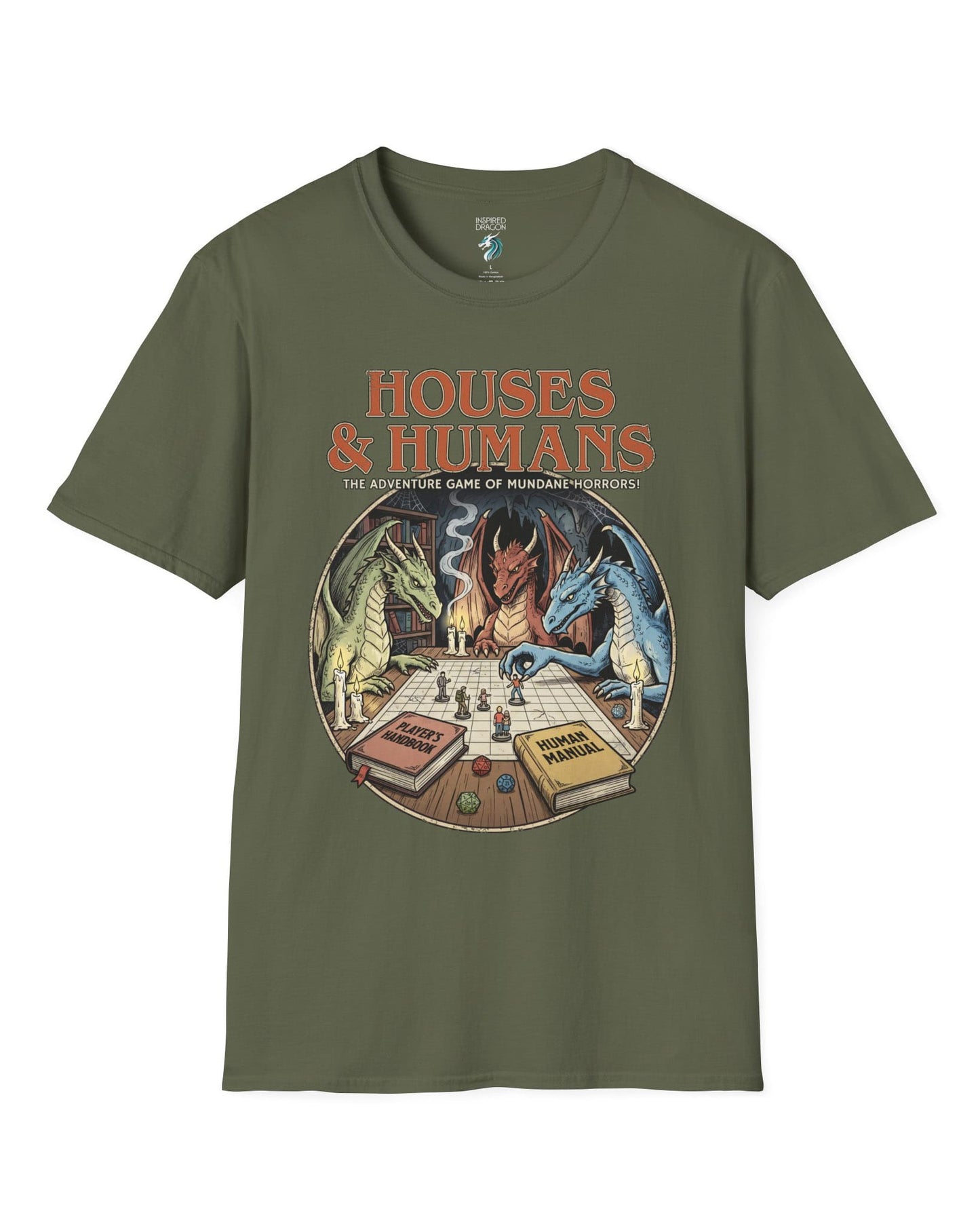 Houses & Humans shirt in military green featuring dragons playing a fantasy tabletop game about being everyday humans